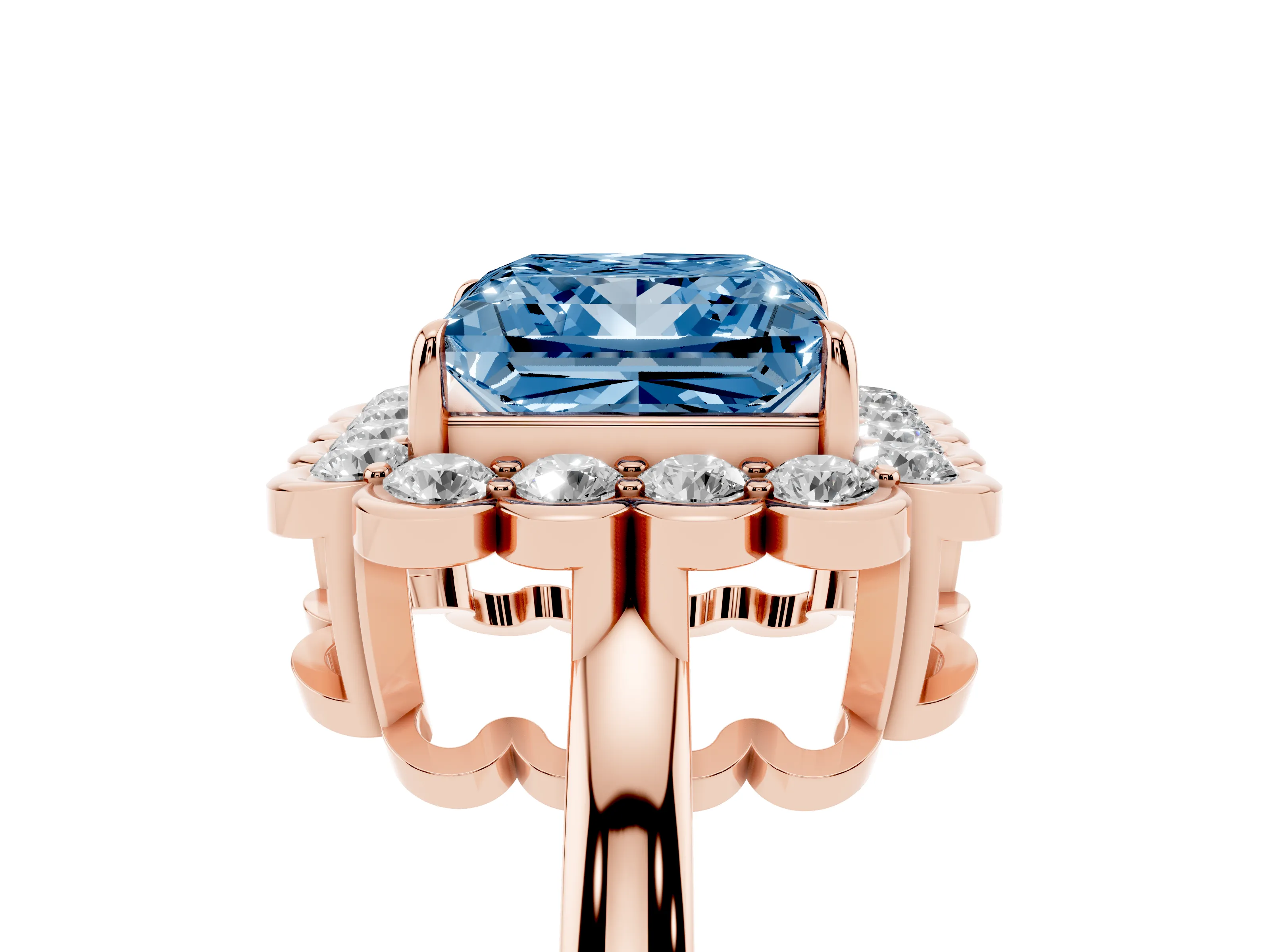 Fancy Blue Princess Cut Diamond Halo Cluster Engagement Ring Set in Rose gold with Solitaire Band and Prong Setting