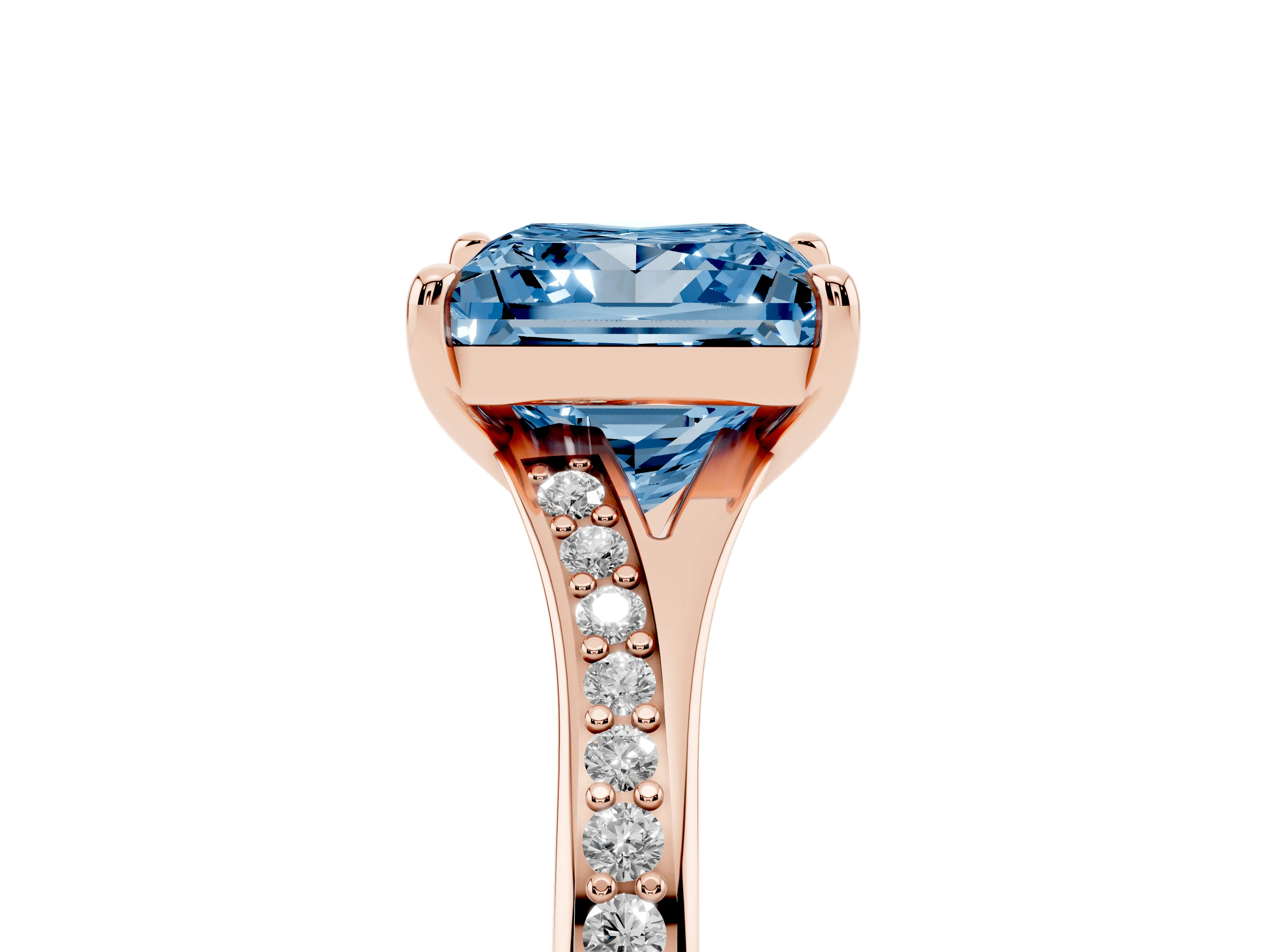 Fancy Blue Princess Cut Diamond Solitaire Ring Set in Rose gold with Pavé Accent Band and Classic Prong Setting