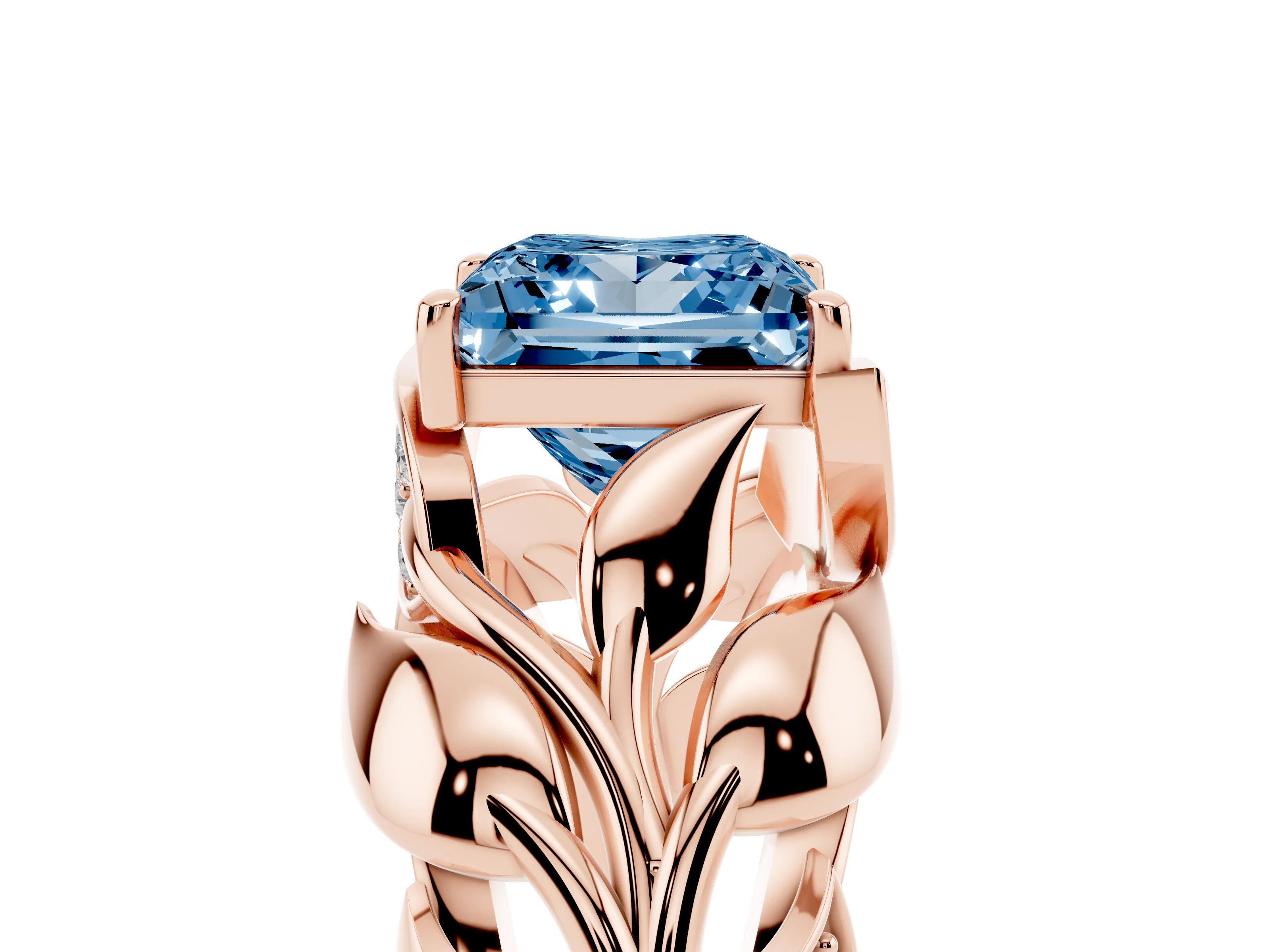 Fancy Blue Princess Cut Diamond Leaf-Inspired Engagement Ring Set in Rose gold with Round Accents