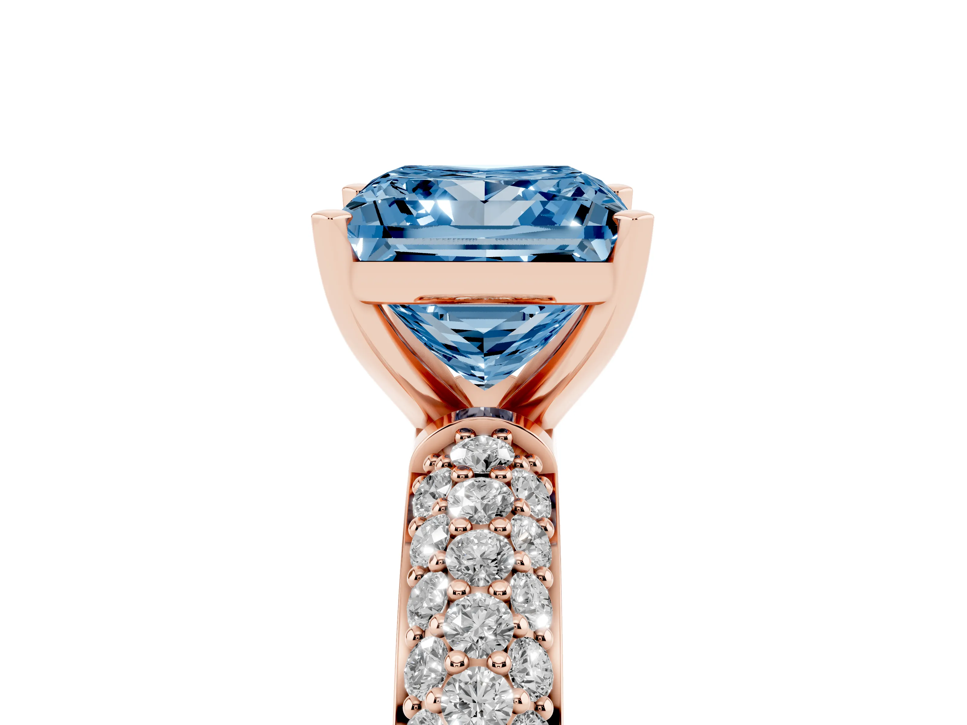 Fancy Blue Princess Cut Diamond Solitaire Ring Set in Rose gold with Prong Setting and Pavé-Set Band