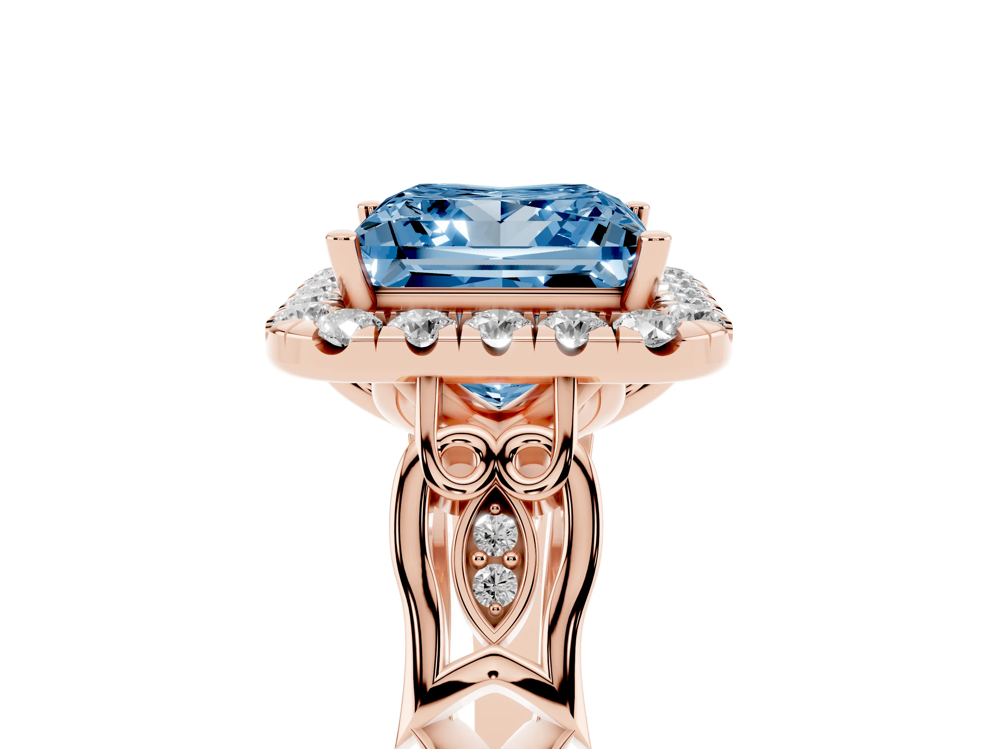 Fancy Blue Princess Cut Diamond Halo Engagement Ring Set in Rose gold with Filigree Band and Prong-Set Center