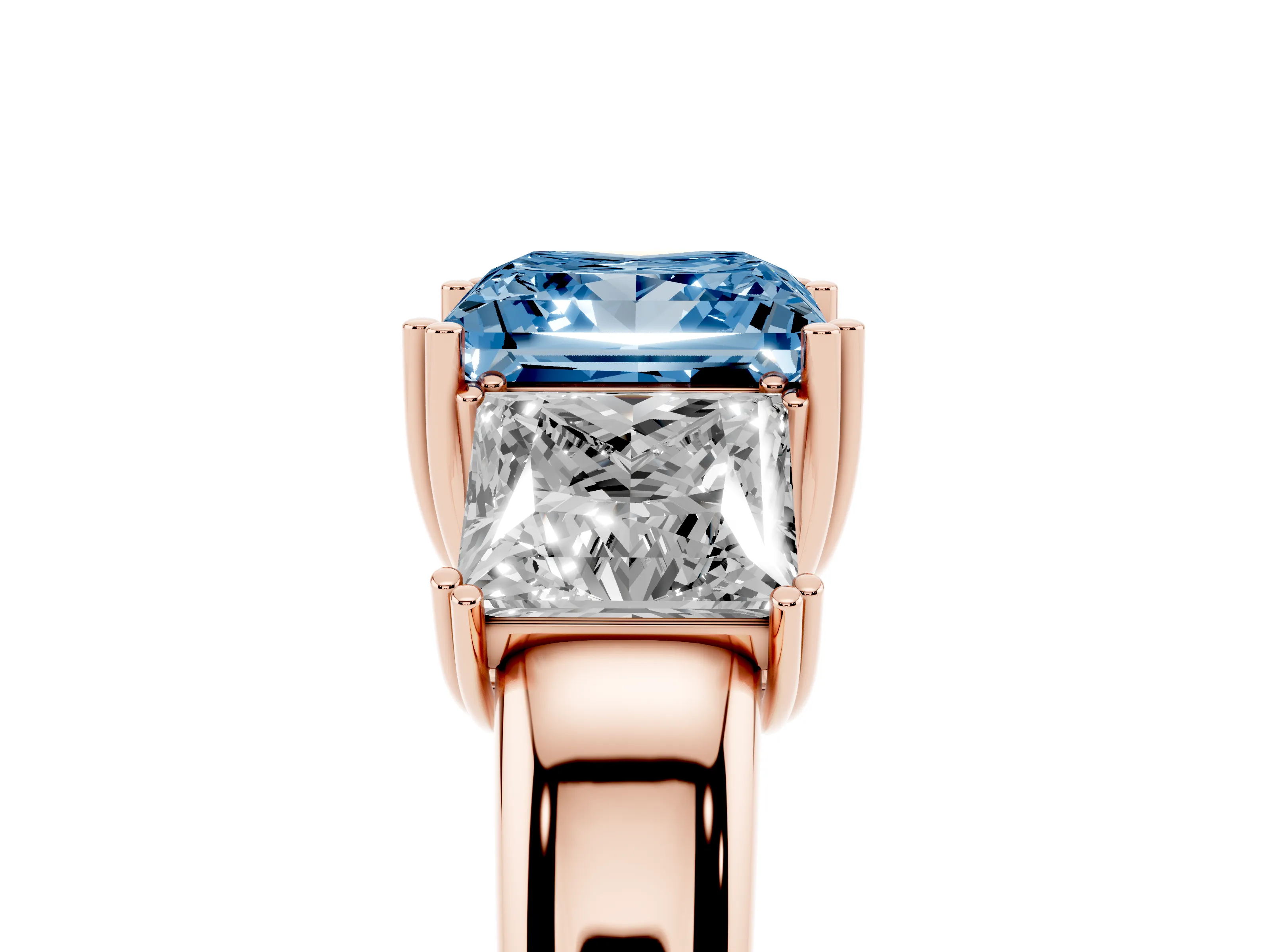Fancy Blue Princess Cut Diamond Three-Stone Ring Set in Rose gold with Polished Channel-Set Band