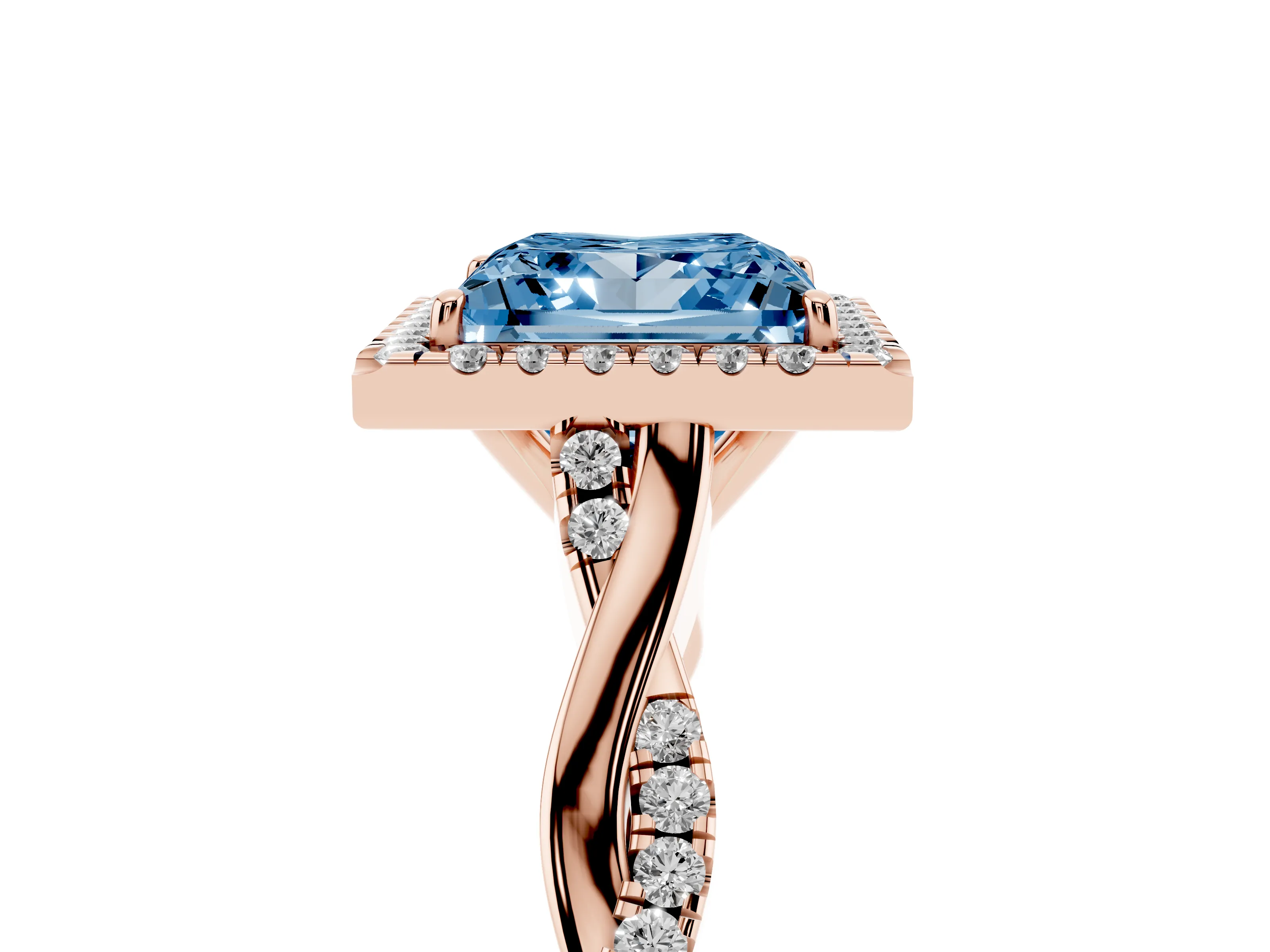 Fancy Blue Princess Cut Diamond Halo Twist Band Solitaire Ring Set in Rose gold with Prong Setting