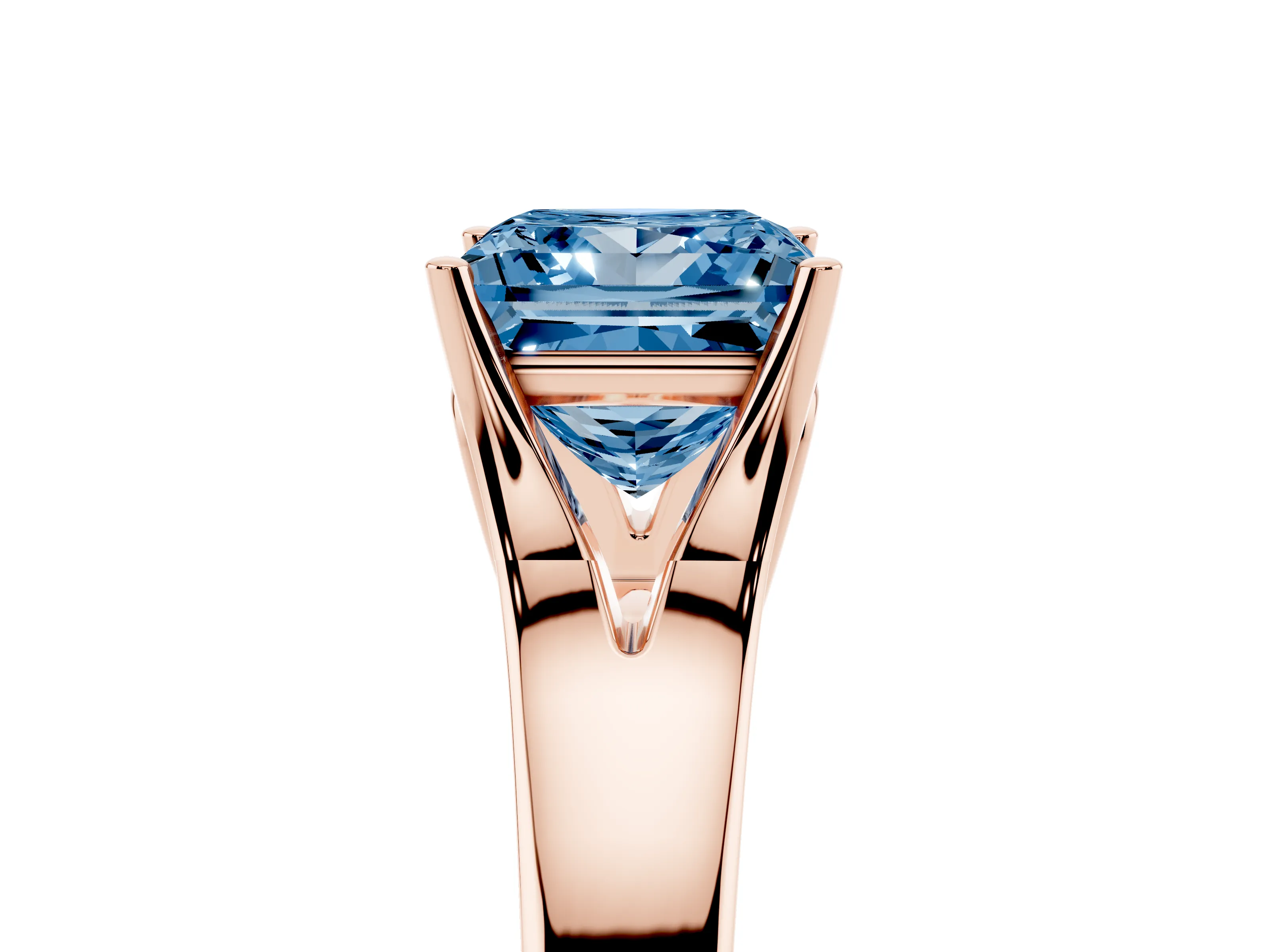 Fancy Blue Princess Cut Diamond Solitaire Ring Set in Rose gold with Arched Cathedral Band and Prong Setting