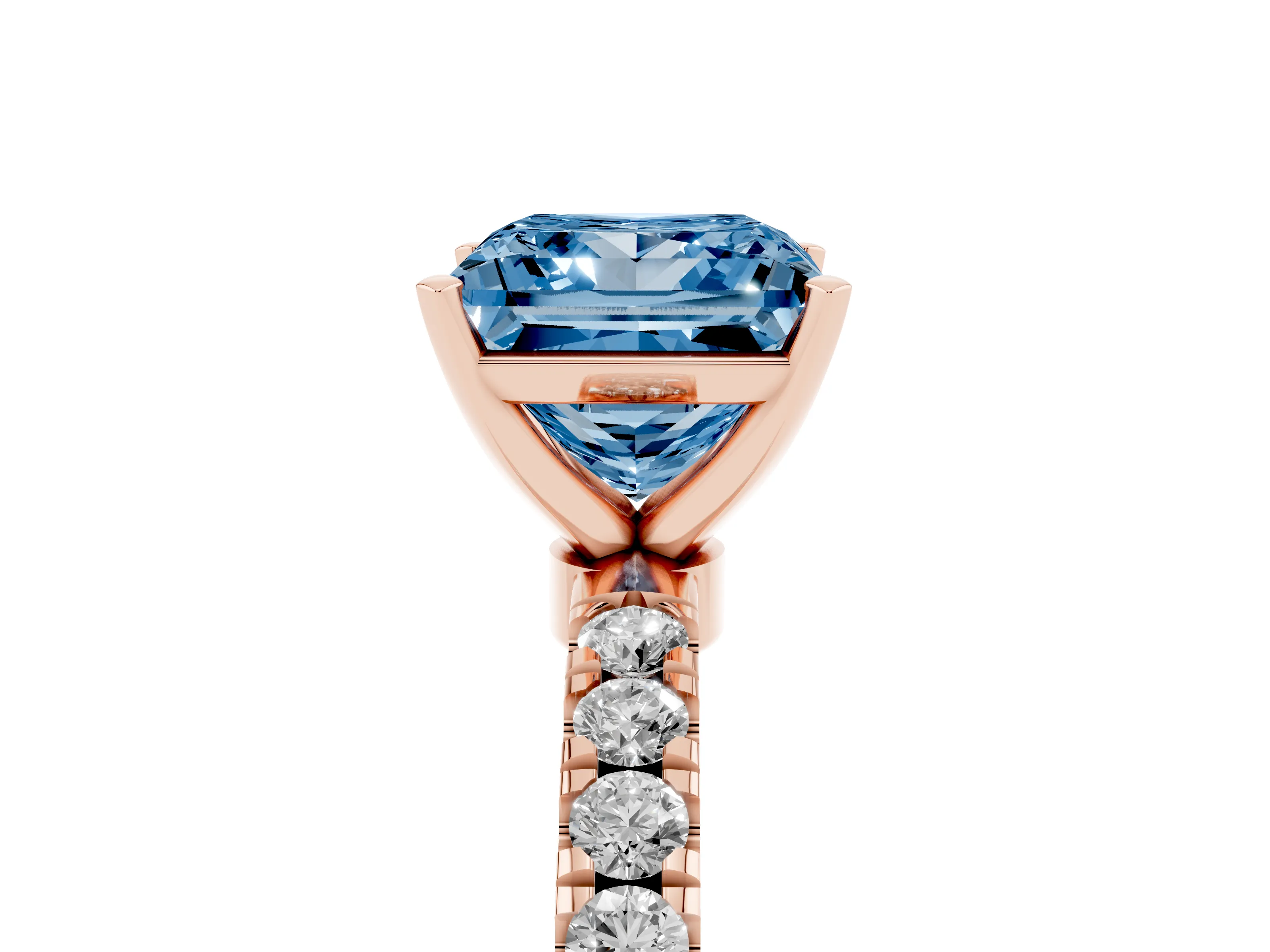 Fancy Blue Princess Cut Diamond Solitaire Ring Set in Rose gold with Pavé Accents and Prong Setting