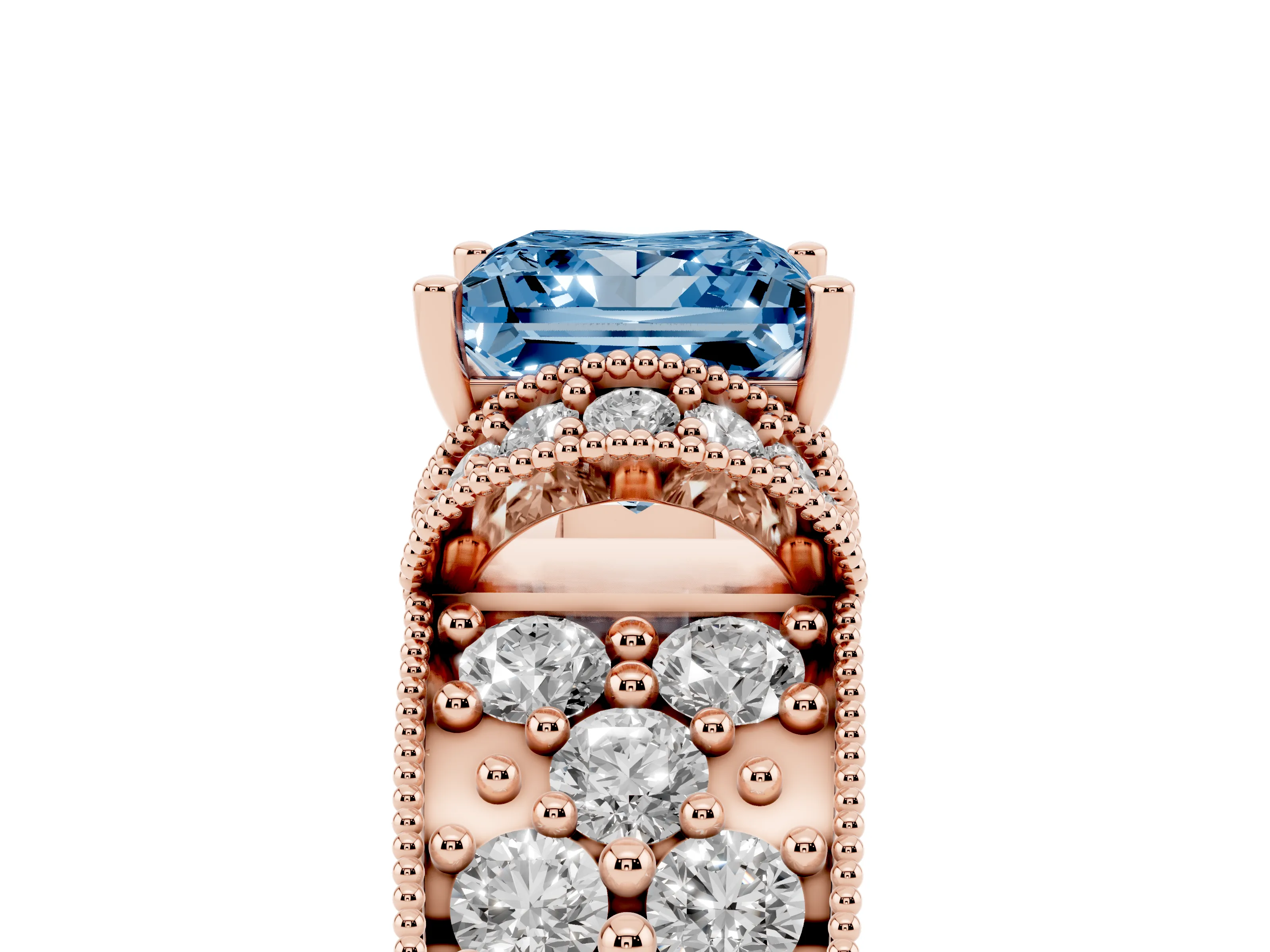 Fancy Blue Princess Cut Diamond Milgrain Halo Pavé Engagement Ring Set in Rose gold with Prong Setting