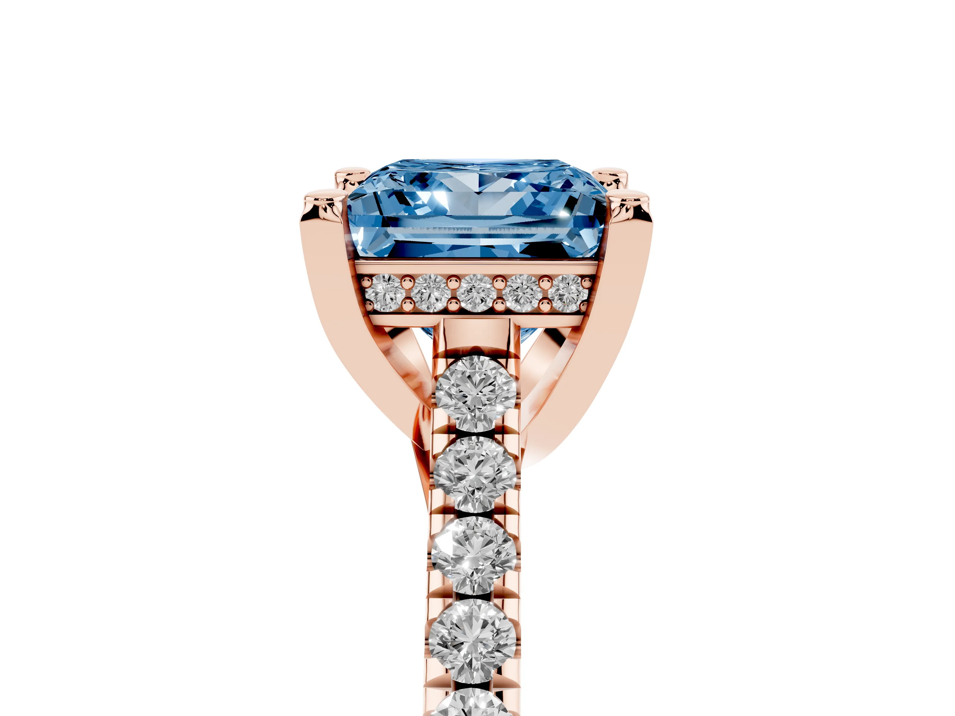 Fancy Blue Princess Cut Diamond Solitaire Ring Set in Rose gold with Brilliant Pavé Band and Prong Setting