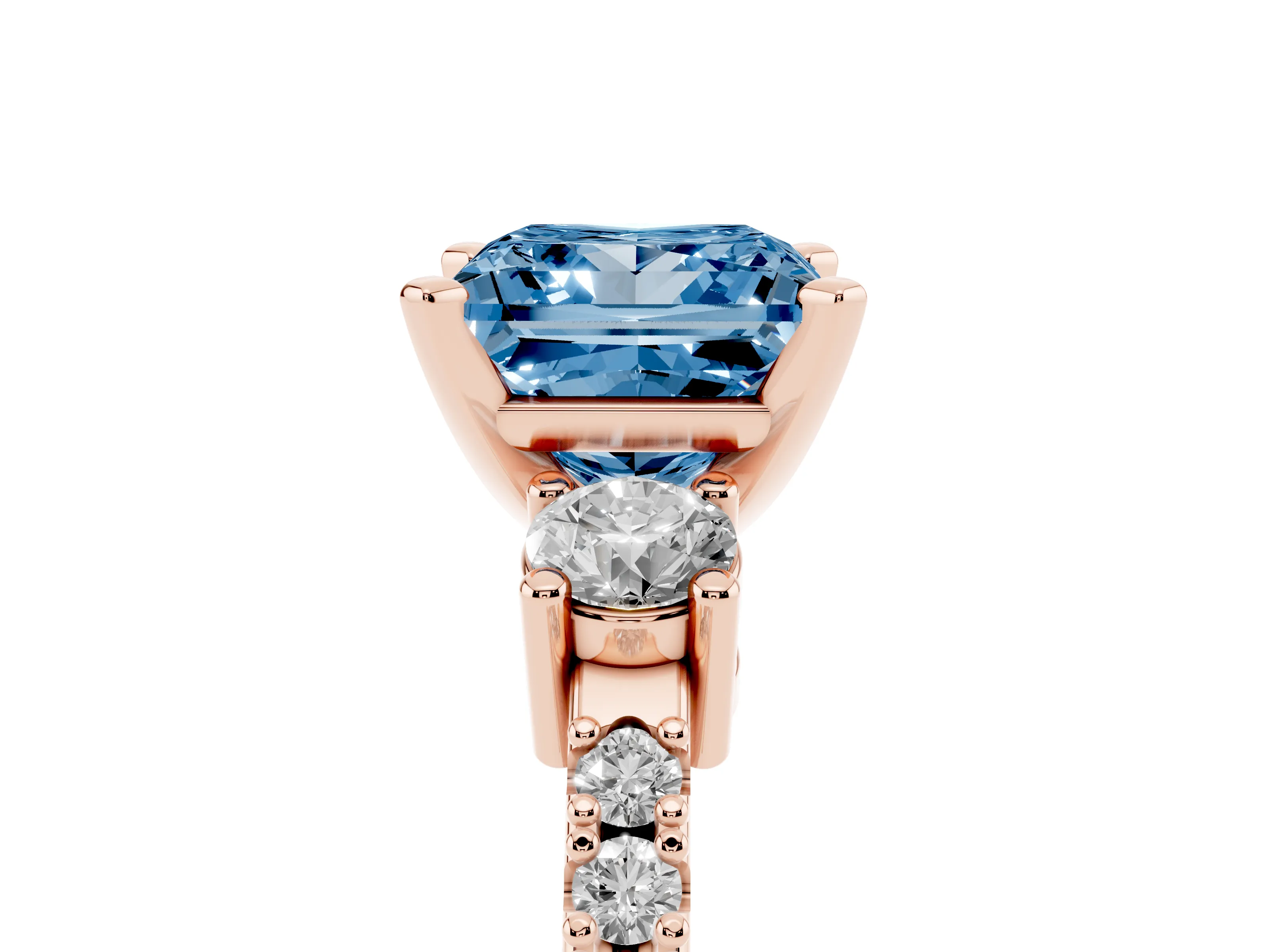 Fancy Blue Three-Stone Princess Cut Diamond Pavé Band Ring Set in Rose gold with Prong Setting
