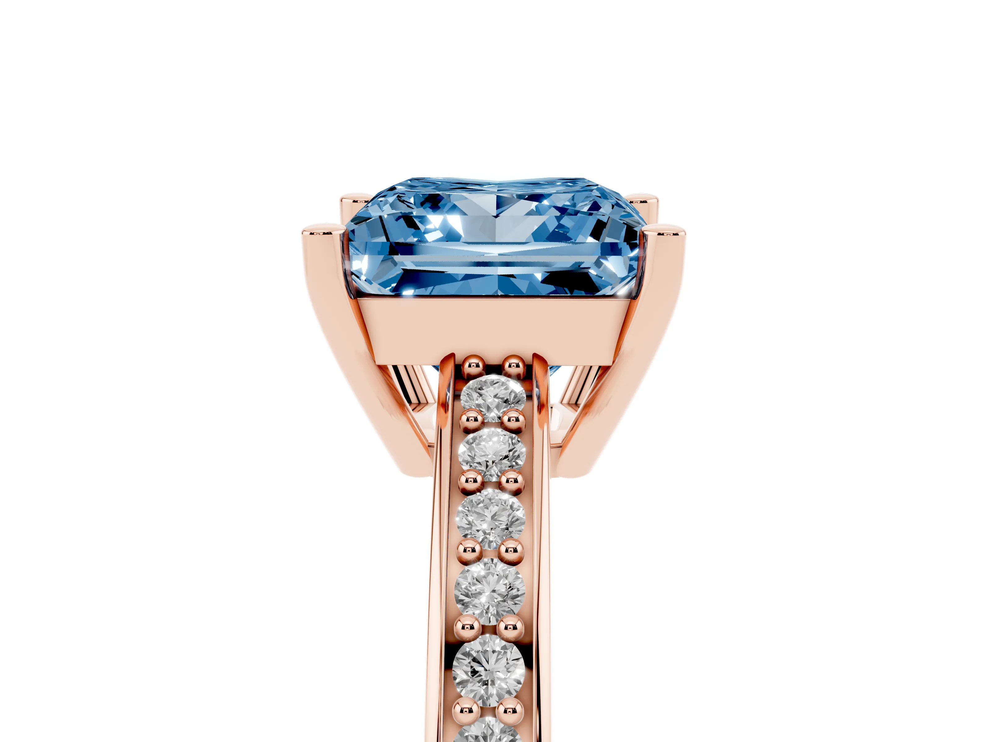 Fancy Blue Princess Cut Diamond Pavé Band Prong Set Solitaire Ring Set in Rose gold