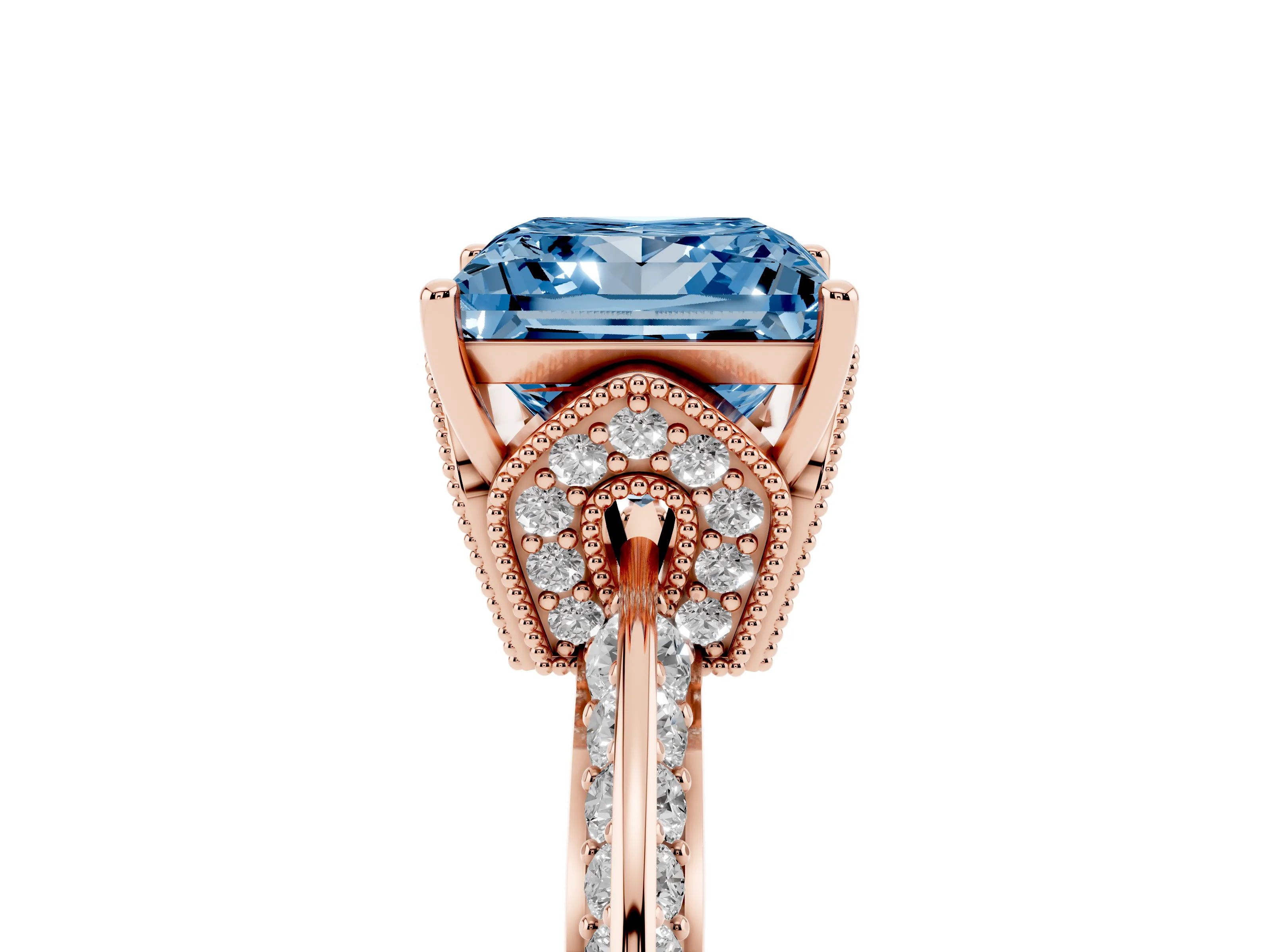 Fancy Blue Princess Cut Diamond Solitaire Engagement Ring Set in Rose gold with Pavé Split Shank and Prong Setting