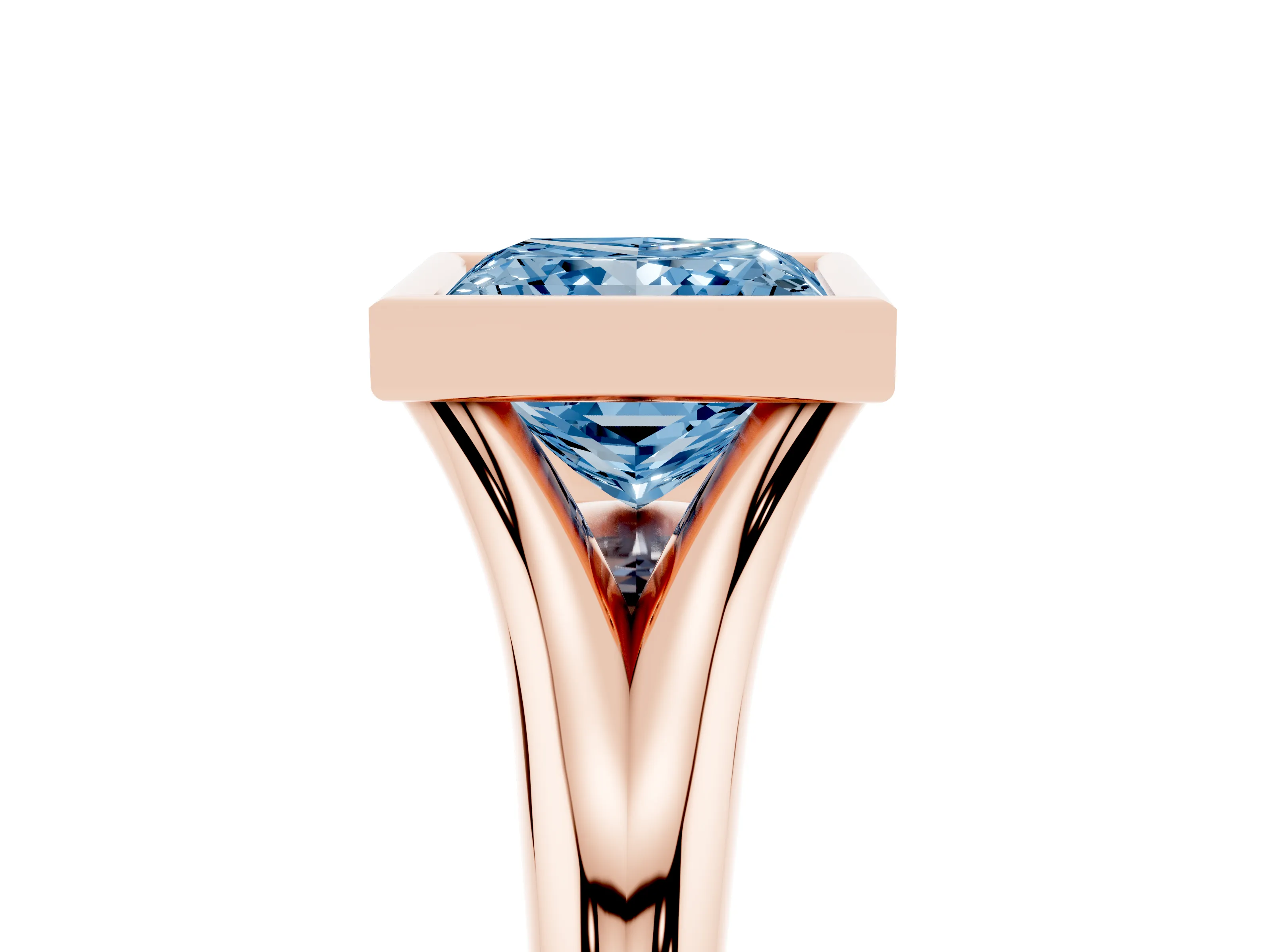 Fancy Blue Bezel Set Princess Cut Diamond Solitaire Ring Set in Rose gold with Smooth Band
