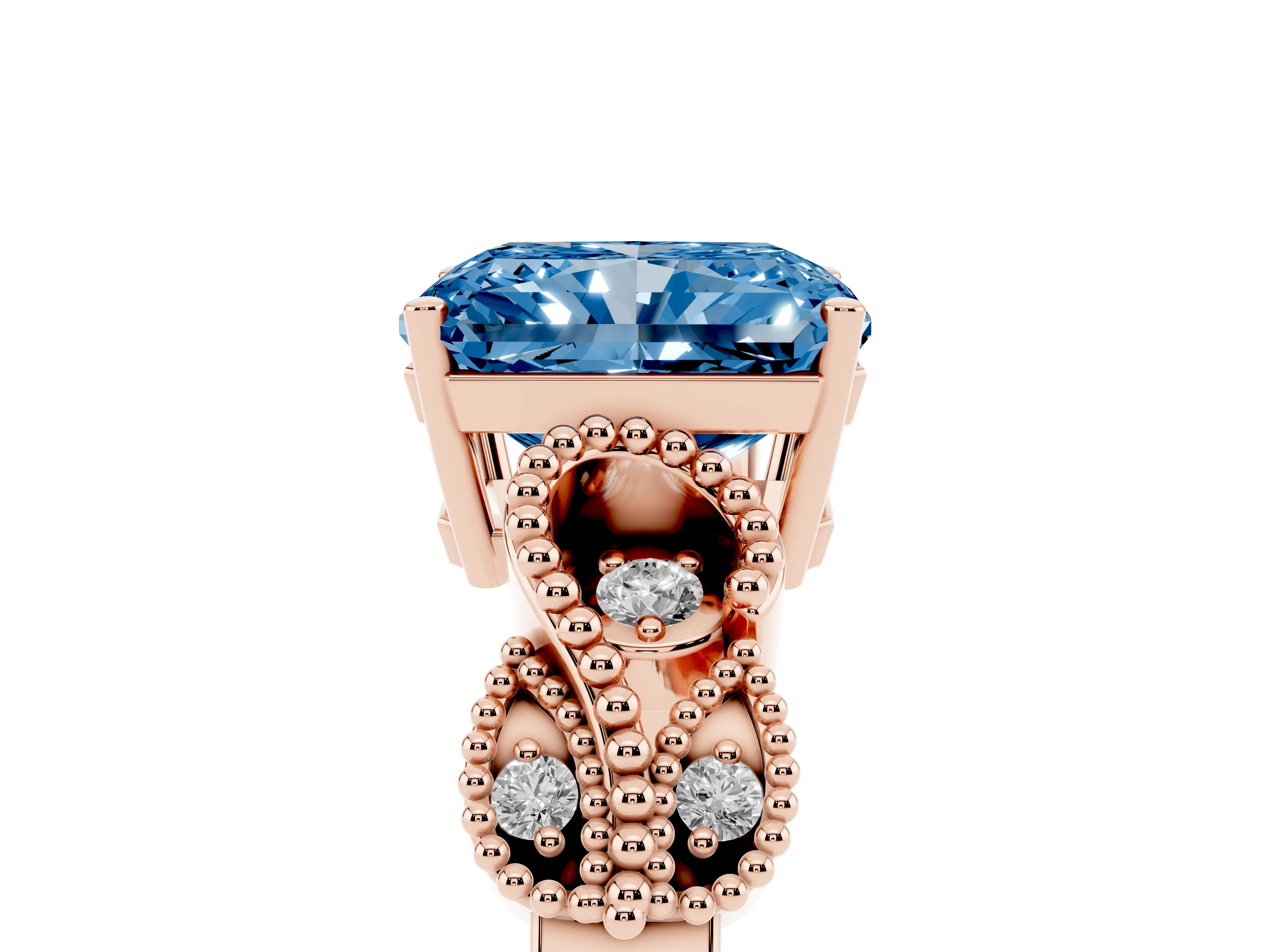 Fancy Blue Princess Cut Diamond Milgrain Leaf Band Solitaire Ring Set in Rose gold with Accent Stones and Prong Setting