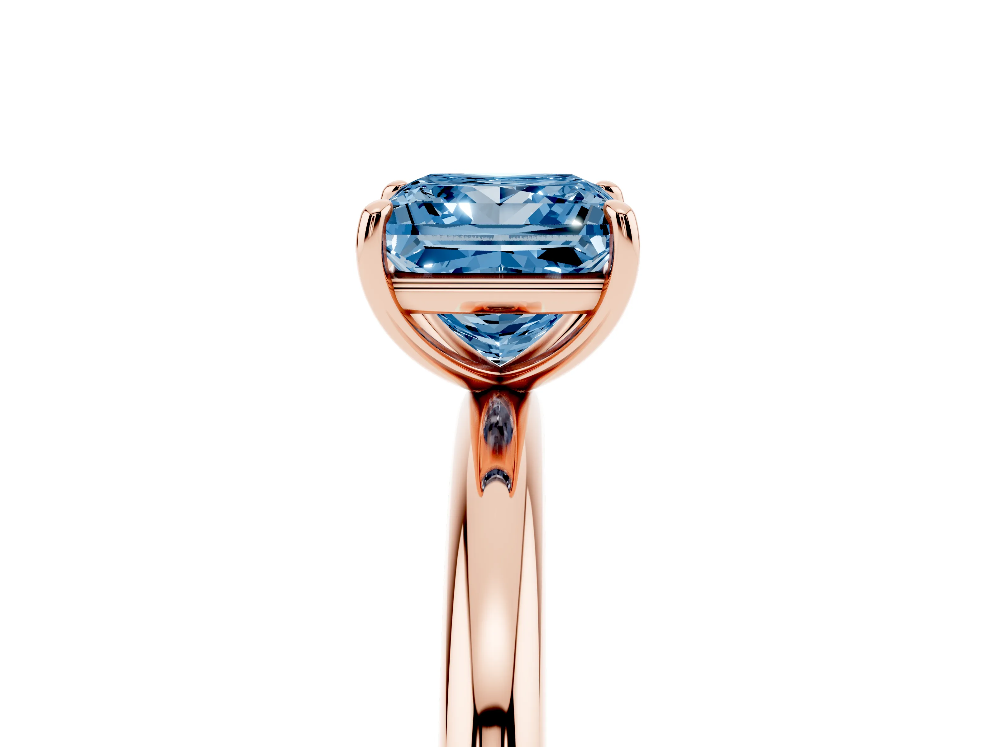 Fancy Blue Princess Cut Diamond Solitaire Ring Set in Rose gold with Prong Setting on a Polished Plain Band