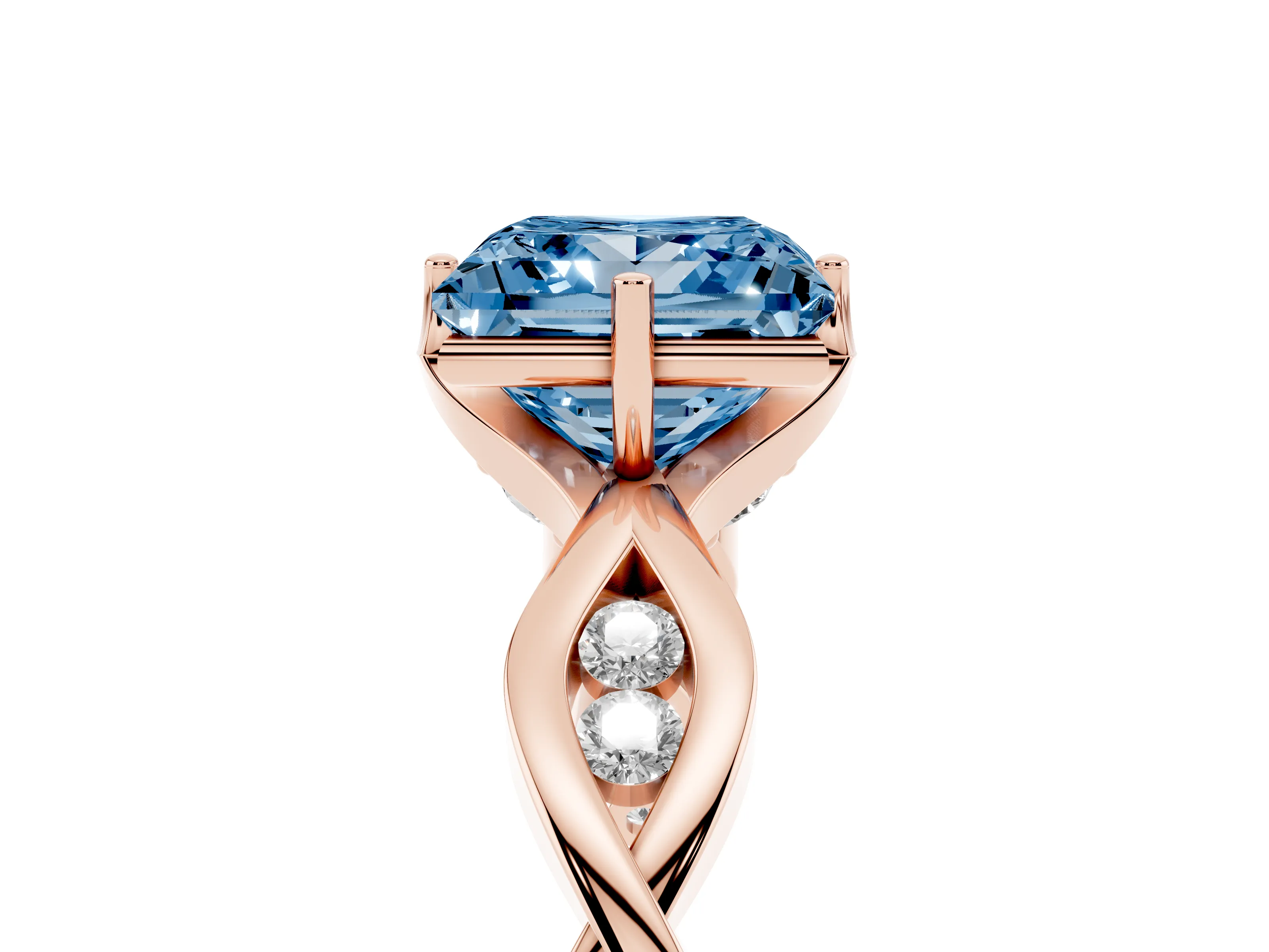 Fancy Blue Princess Cut Diamond Twist Band Solitaire Ring Set in Rose gold with Leaf Prong Setting and Accent Stones