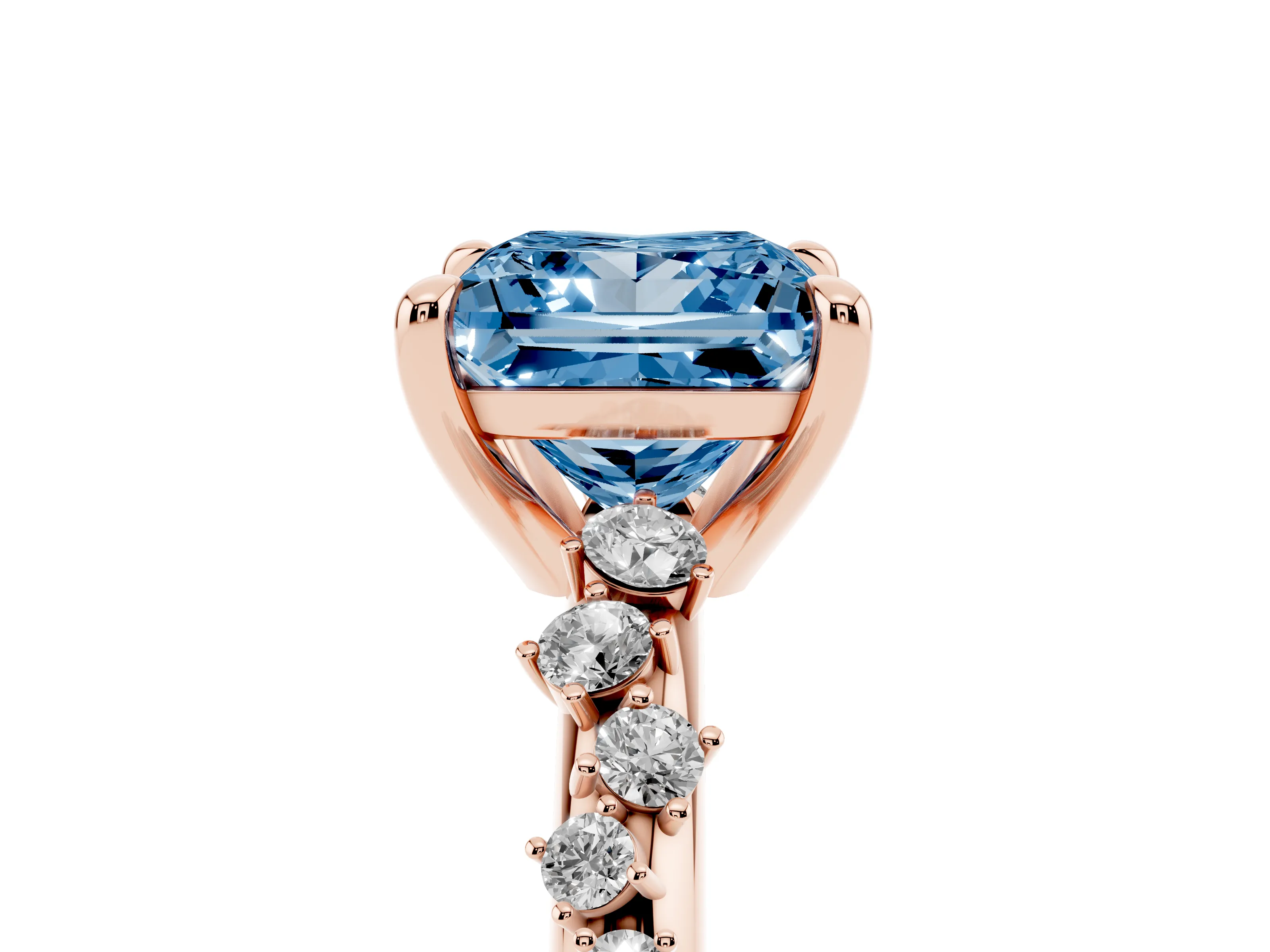 Fancy Blue Princess Cut Diamond Solitaire Vine Band Ring Set in Rose gold with Round Accents and Prong Setting