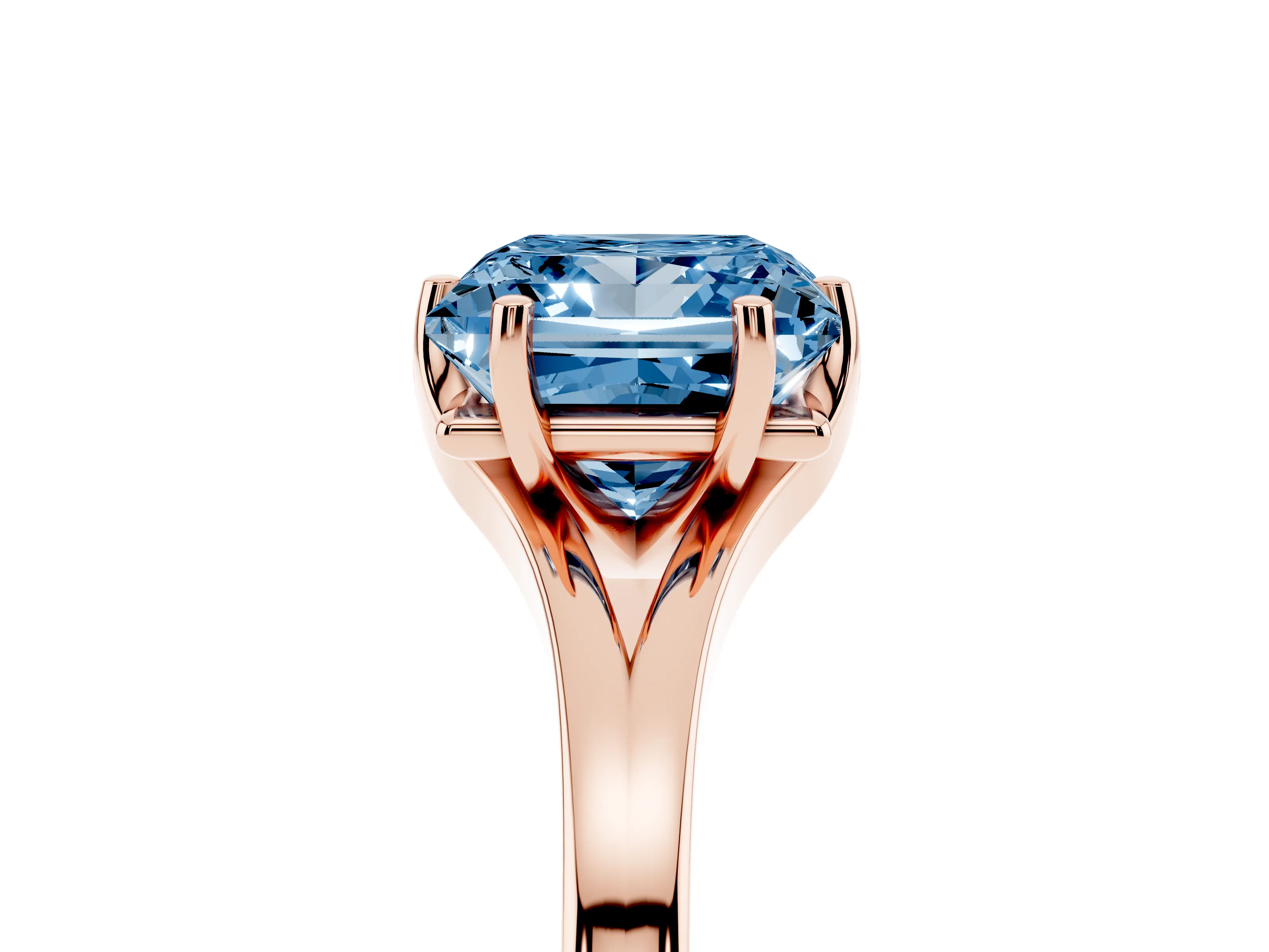 Fancy Blue Princess Cut Diamond Solitaire Ring Set in Rose gold with Polished Tapered Band and Prong Setting