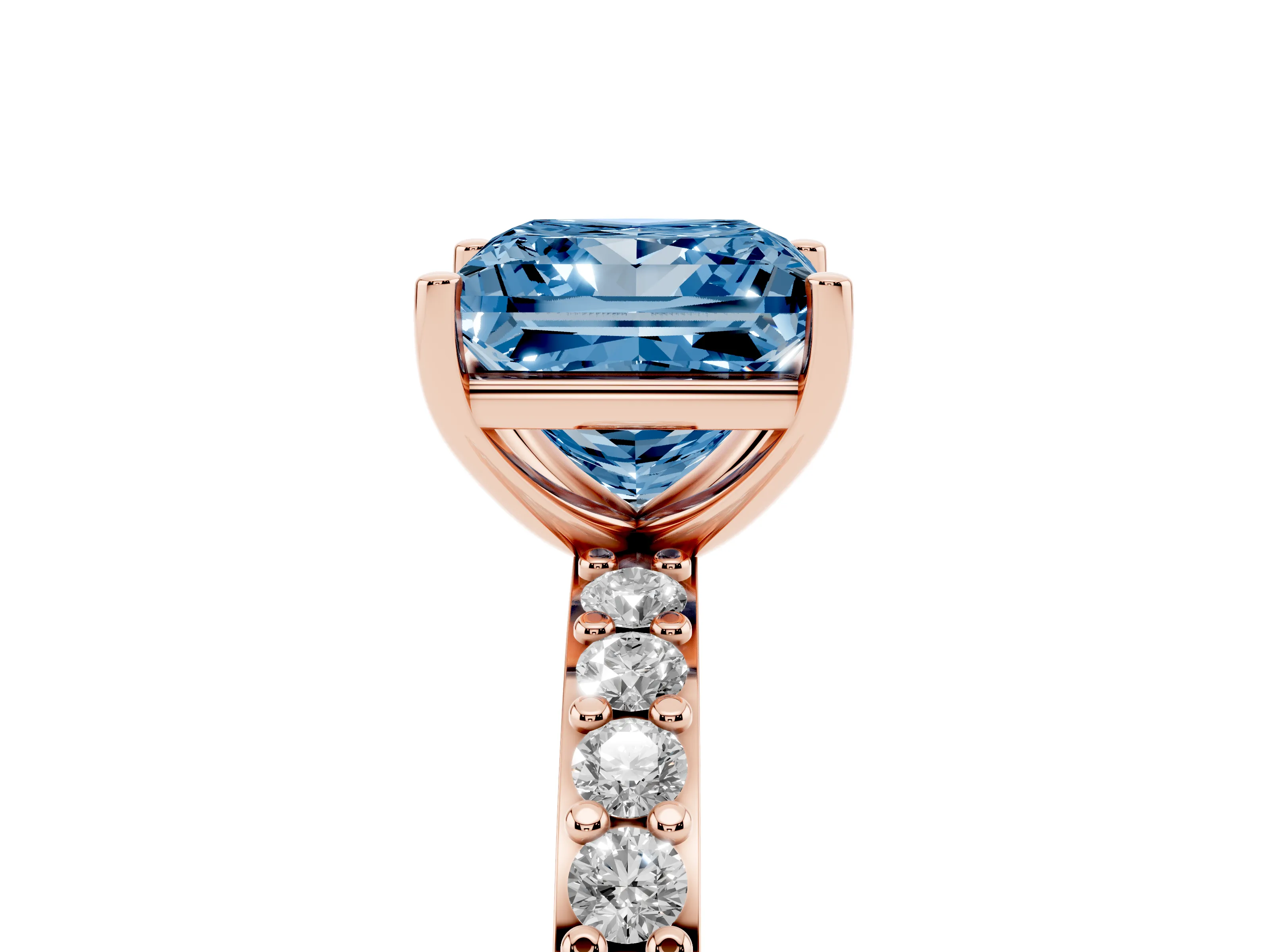 Fancy Blue Princess Cut Diamond Solitaire Set in Rose gold with Round Pavé Band and Prong Setting