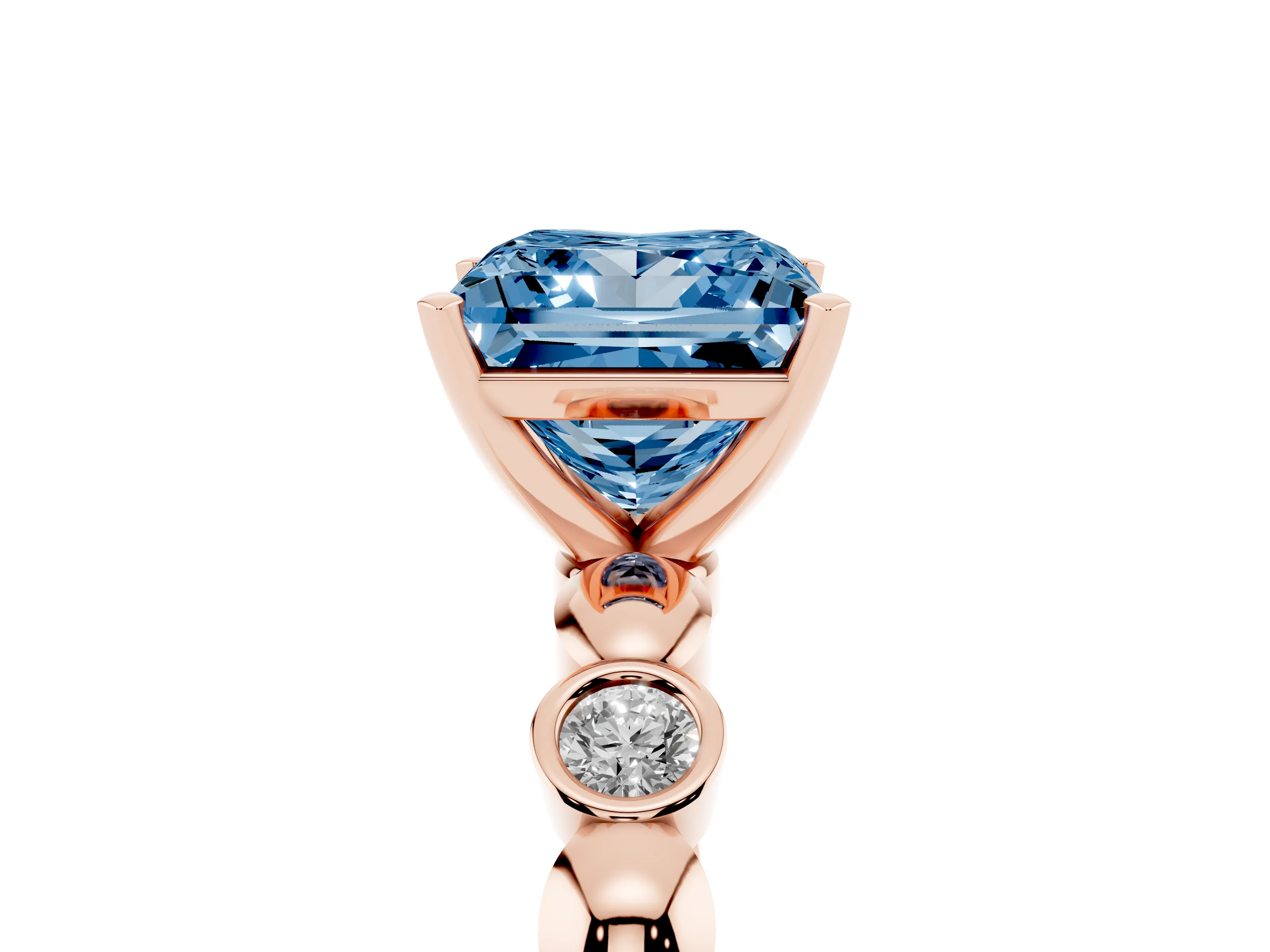 Fancy Blue Princess Cut Diamond Solitaire Ring Set in Rose gold with Bezel-Set Accents on Beaded Band and Prong Setting