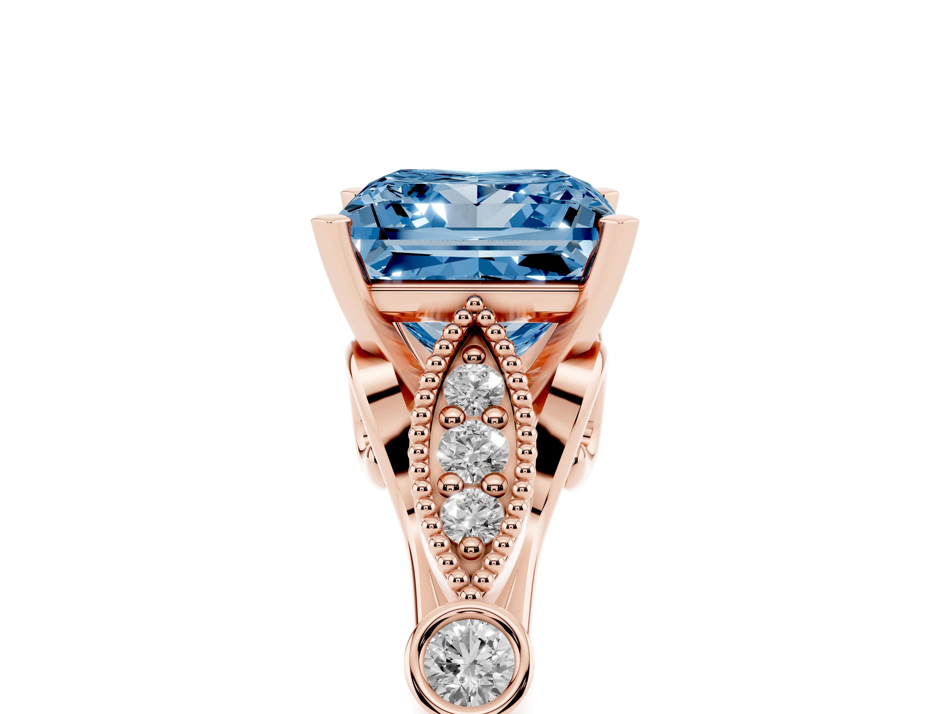 Fancy Blue Princess Cut Diamond Solitaire Ring Set in Rose gold with Milgrain Marquise and Bezel Accents