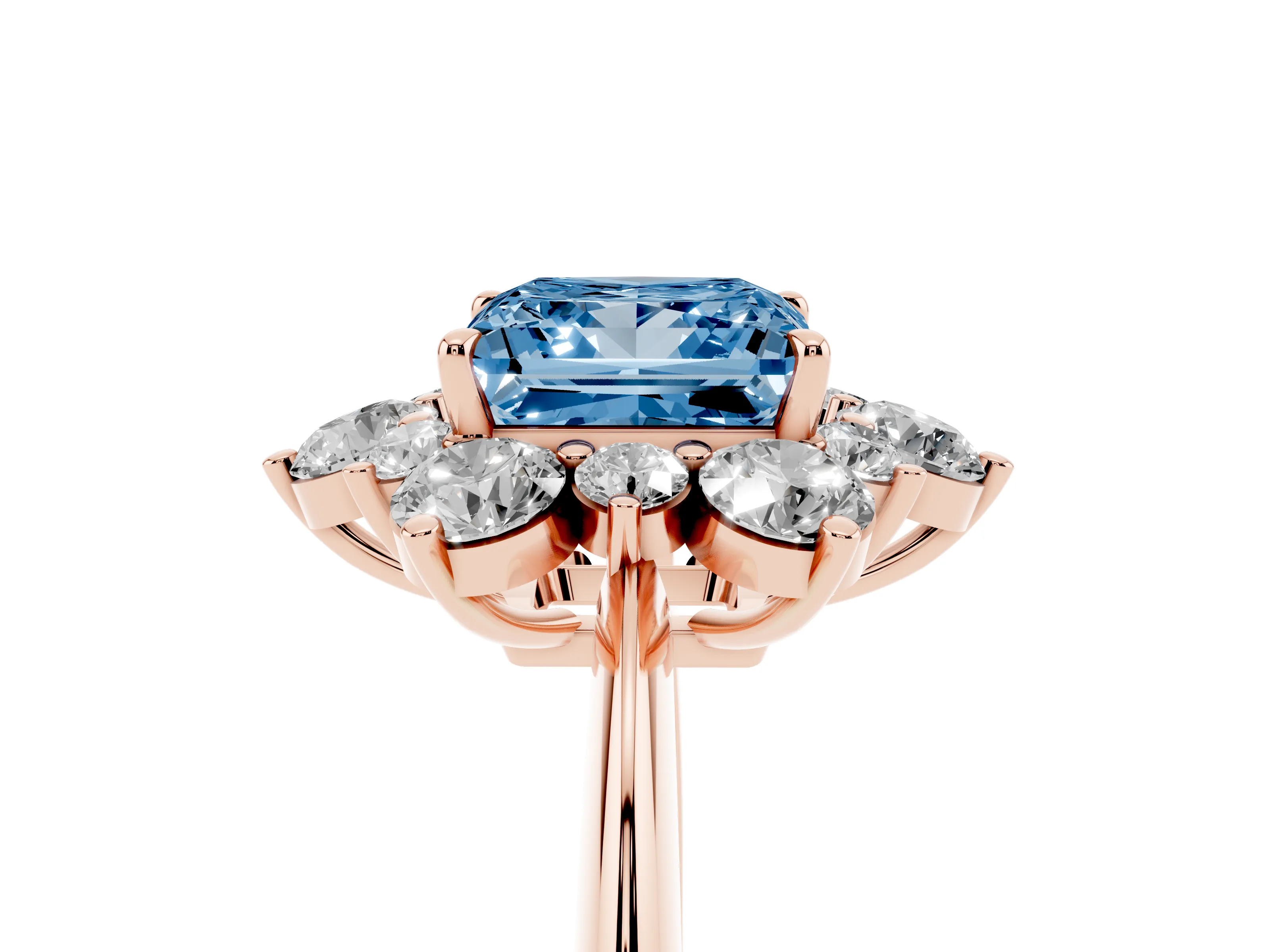 Fancy Blue Princess Cut Diamond Cluster Halo Ring Set in Rose gold with Solitaire Band and Prong Setting