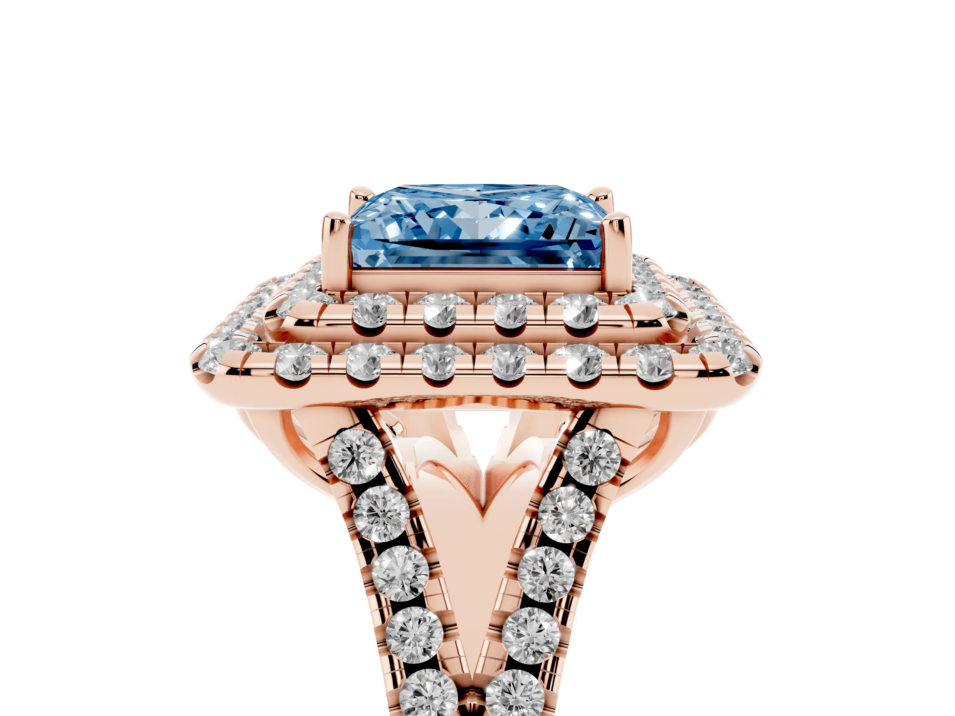 Fancy Blue Princess Cut Diamond Double Halo Ring Set in Rose gold with Pavé Split Shank and Prong Setting
