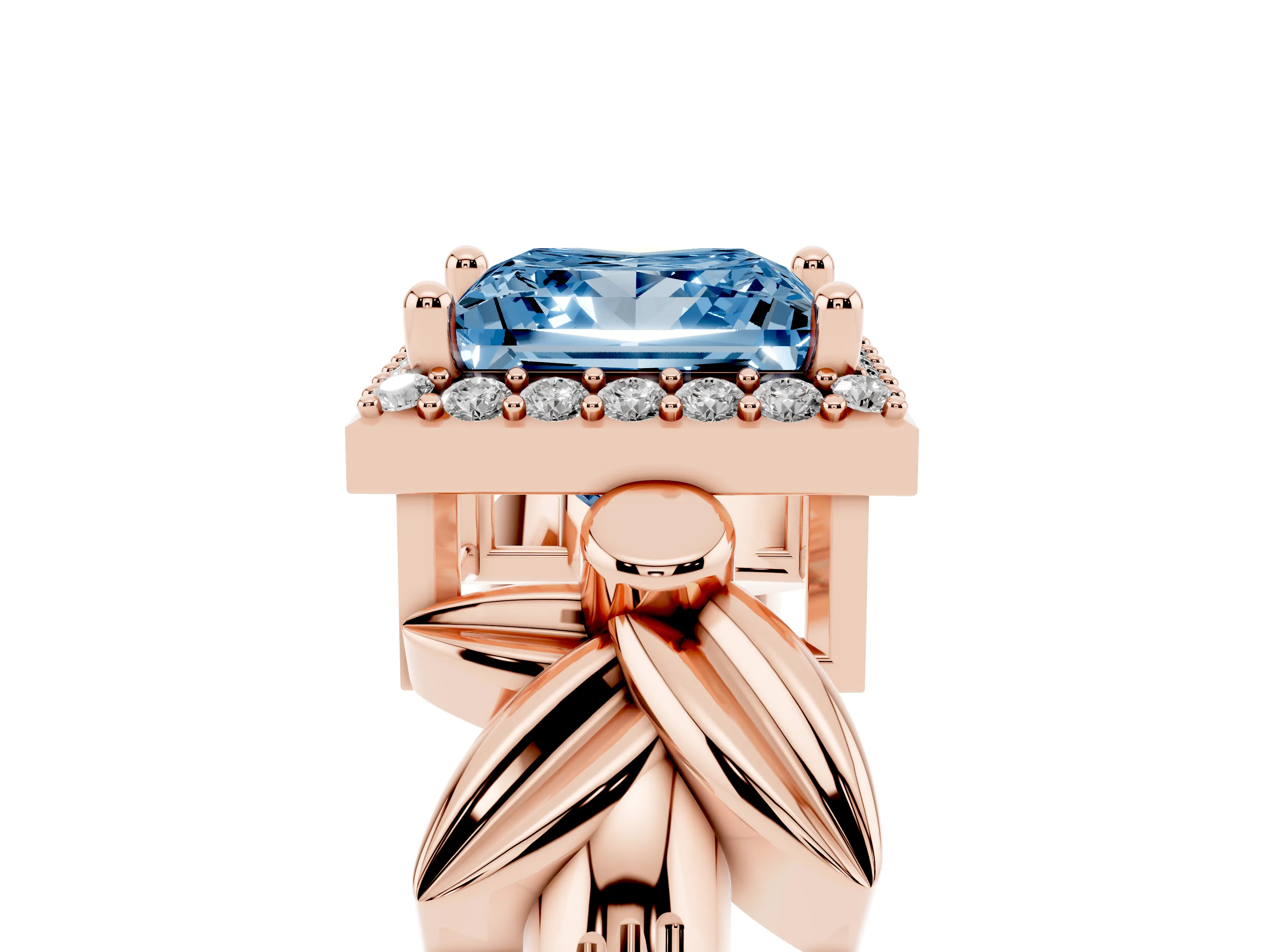 Fancy Blue Princess Cut Diamond Halo Floral Band Ring Set in Rose gold with Prong Setting