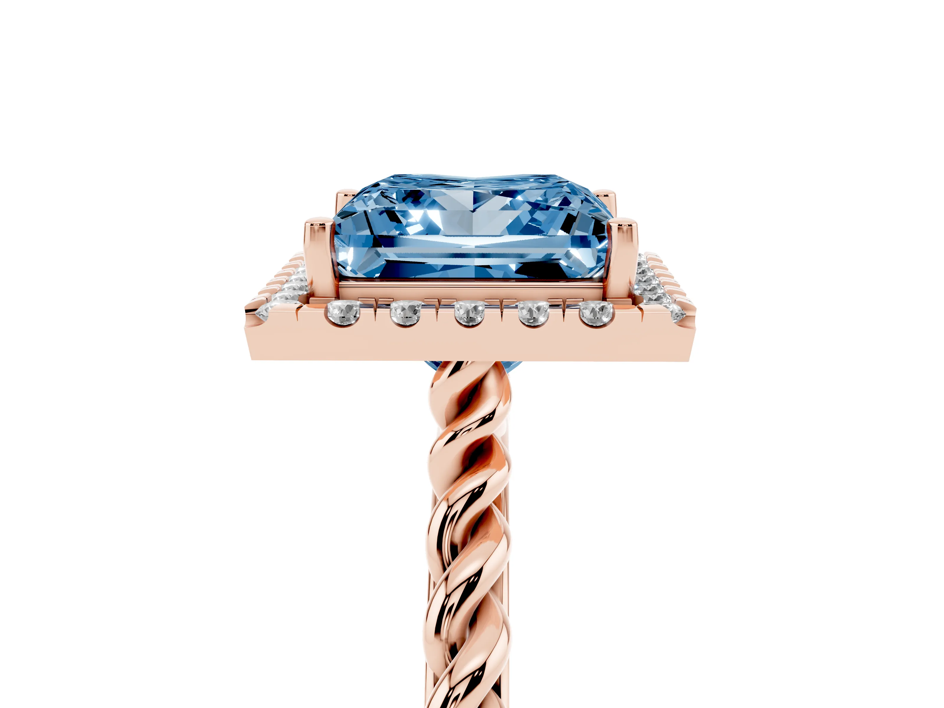 Fancy Blue Princess Cut Diamond Halo Ring Set in Rose gold with Plain Twisted Band