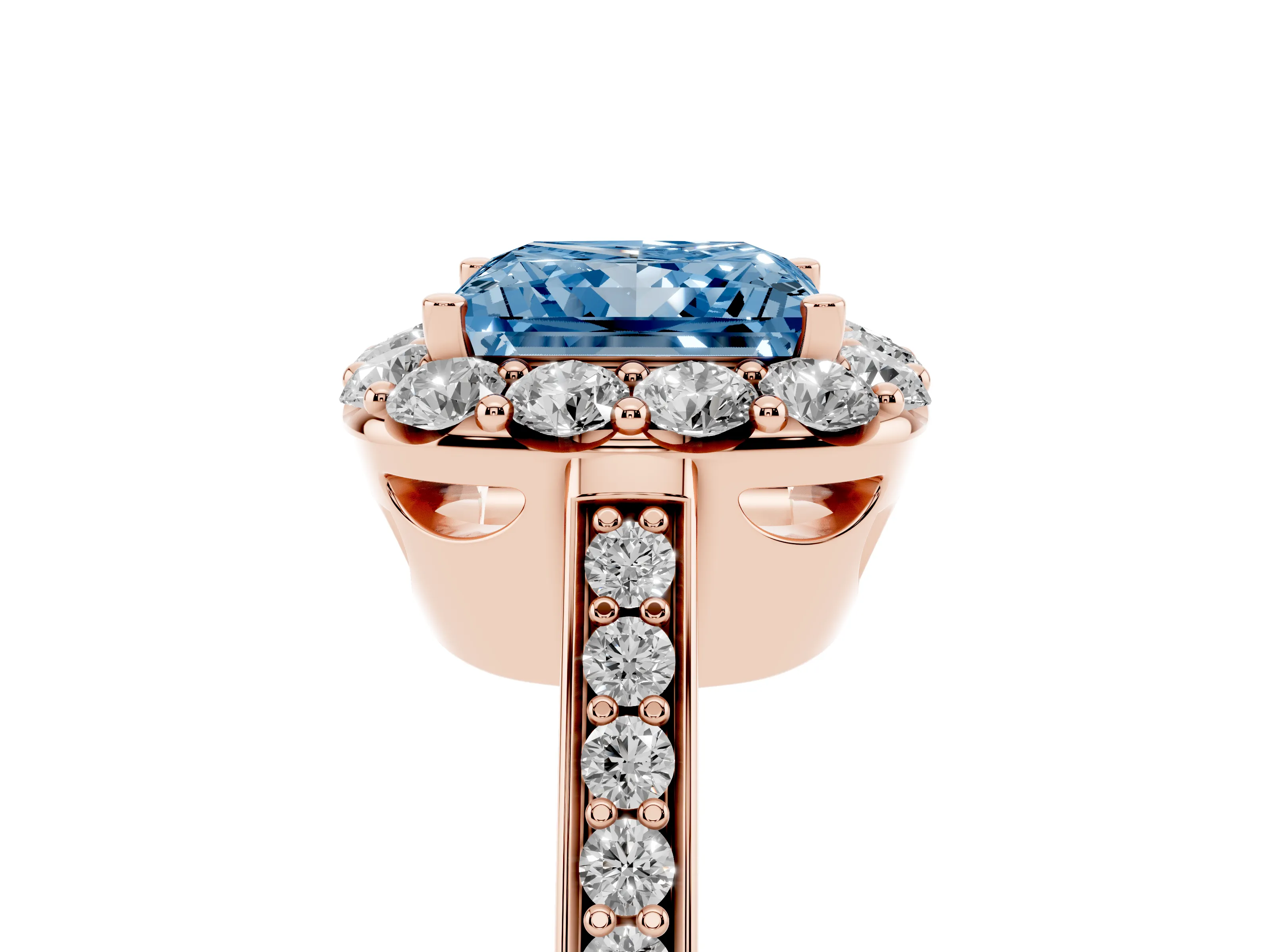 Fancy Blue Princess Cut Diamond Floral Halo Ring Set in Rose gold with Pavé Band and Prong Setting