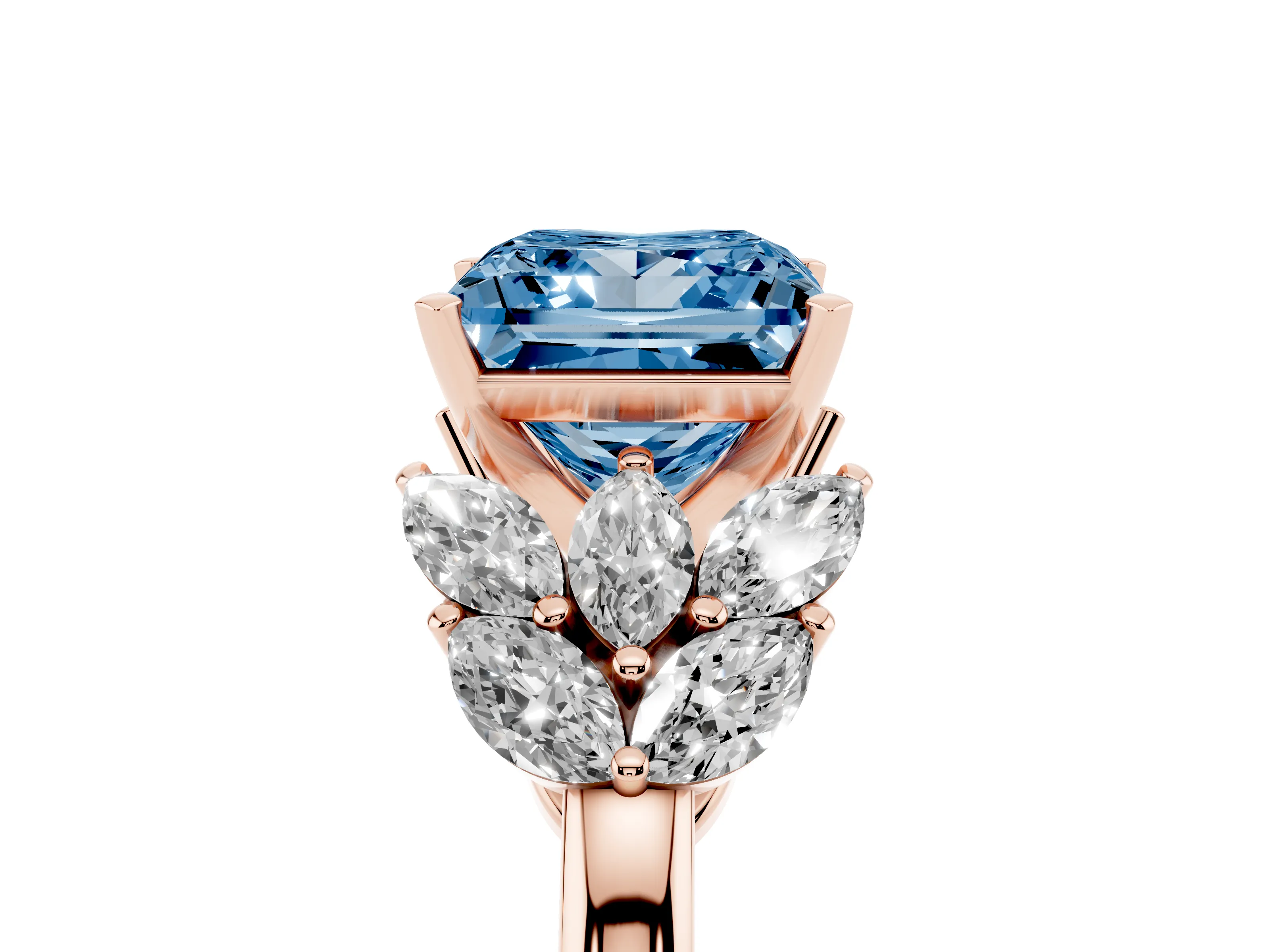 Fancy Blue Princess Cut Diamond Cluster Leaf Design Ring Set in Rose gold with Prong Setting