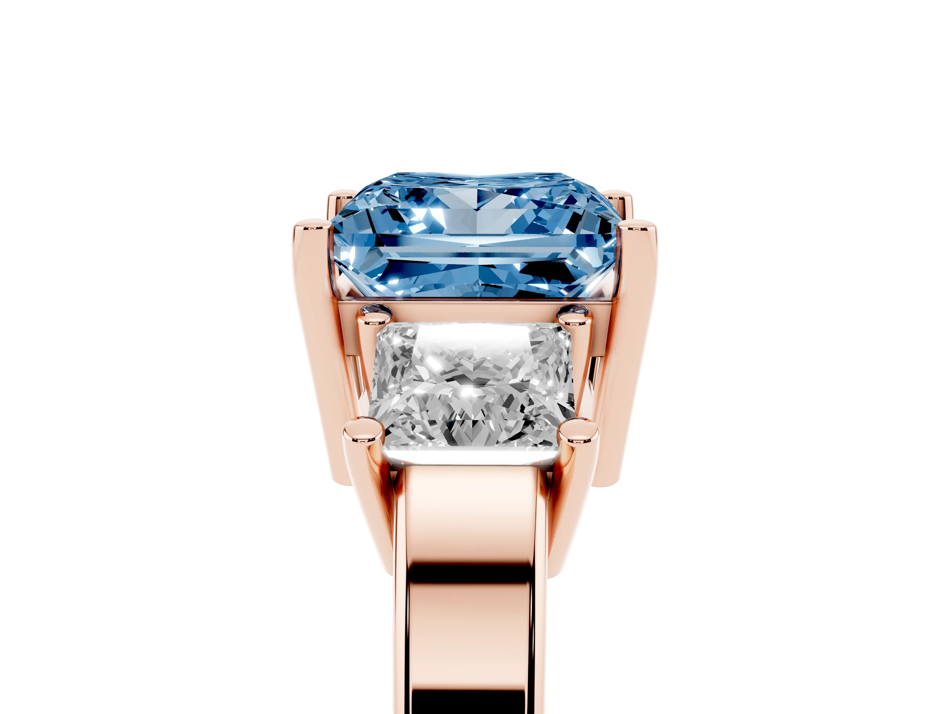 Fancy Blue Three-Stone Princess Cut Diamond Solitaire Ring Set in Rose gold with Prong Setting