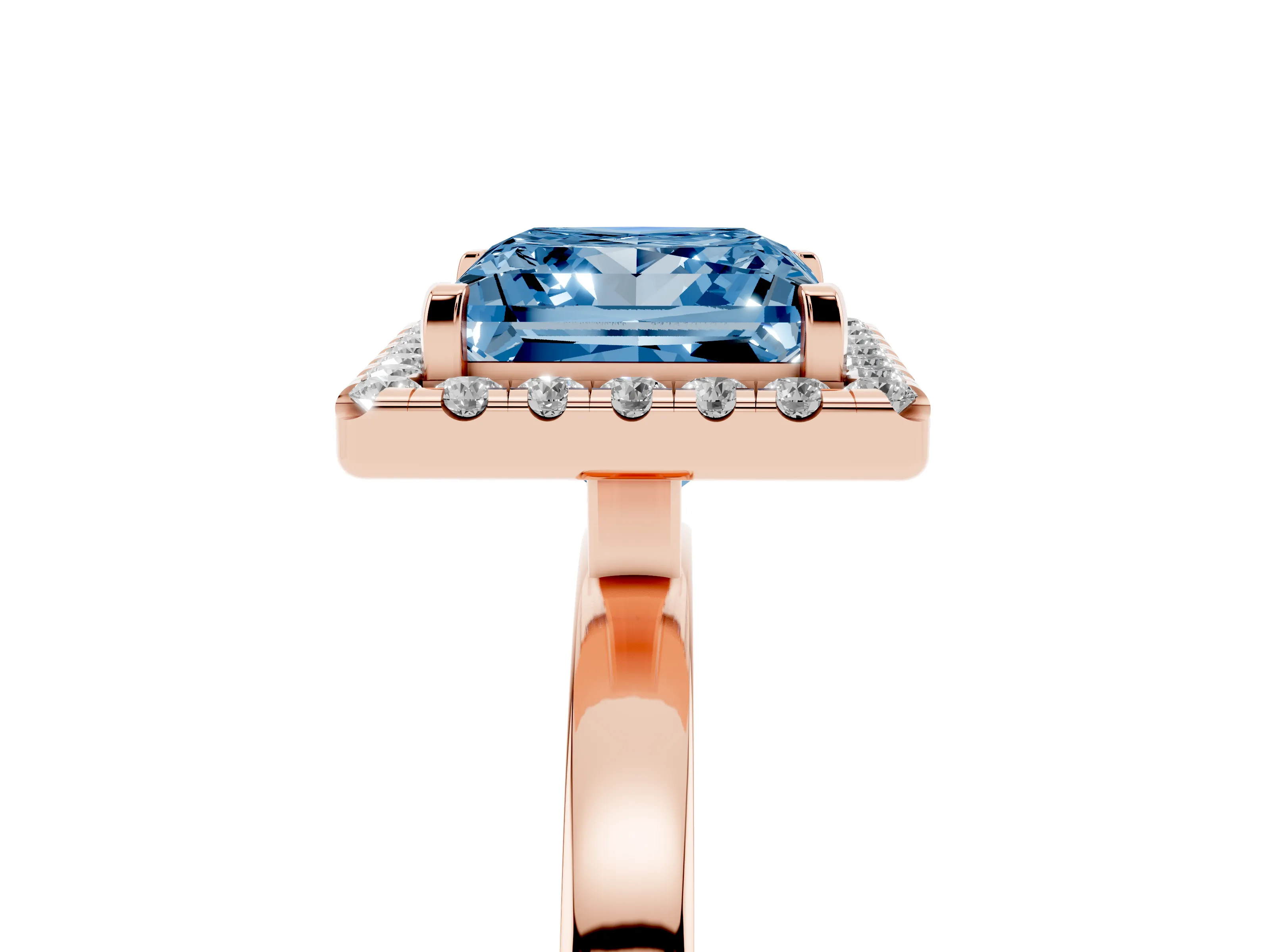 Fancy Blue Princess Cut Diamond Halo Solitaire Ring Set in Rose gold with Pavé Band and Prong Setting