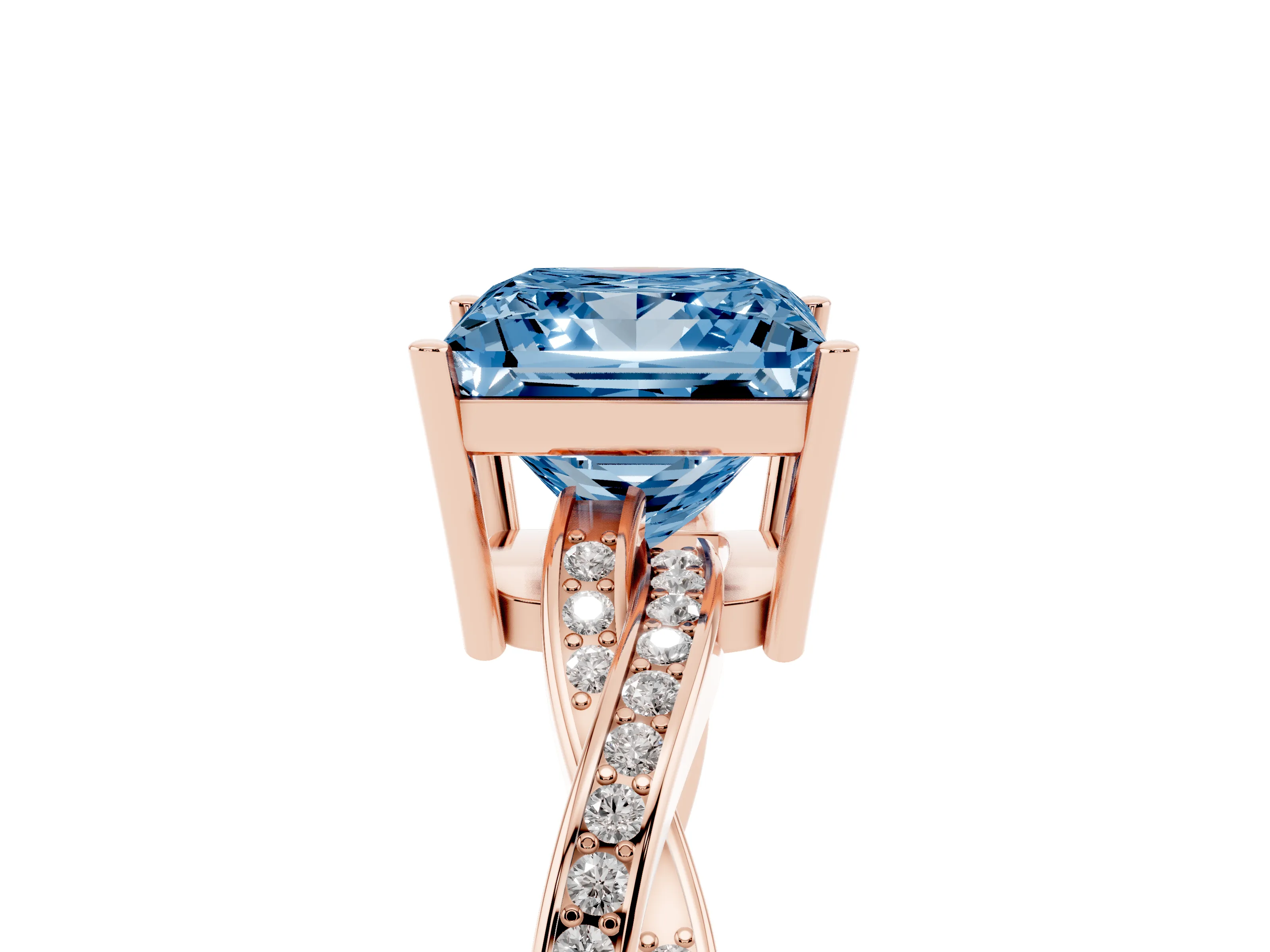 Fancy Blue Princess Cut Diamond Solitaire Twisted Pavé Ring Set in Rose gold with Prong Setting
