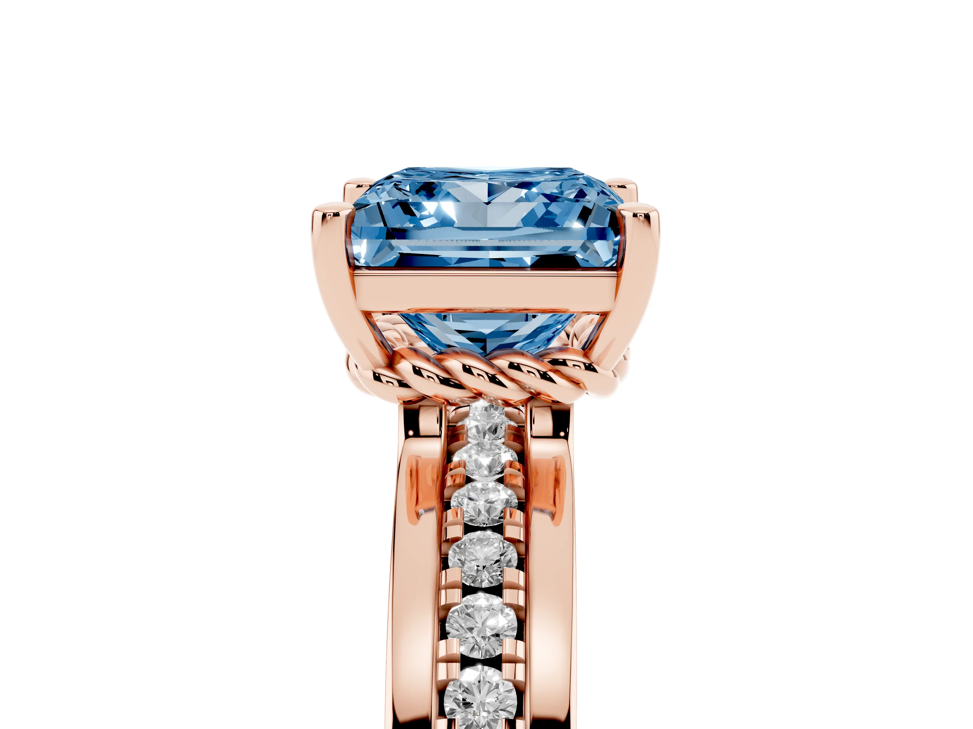 Fancy Blue Princess Cut Diamond Solitaire Ring Set in Rose gold with Channel Set Band and Prong Setting
