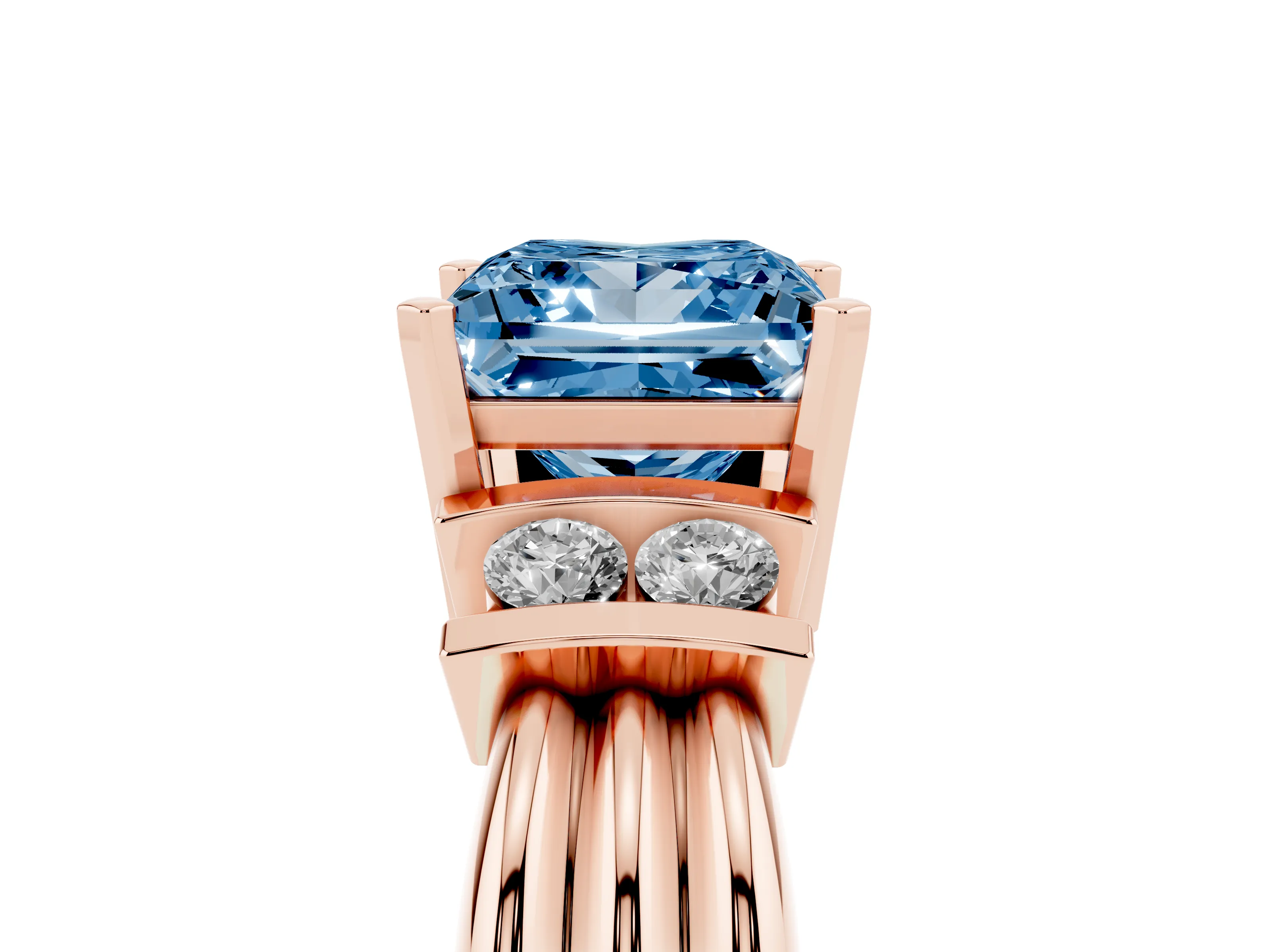 Fancy Blue Three-Stone Princess Cut Diamond Channel Set Ring Set in Rose gold with Bar Prongs
