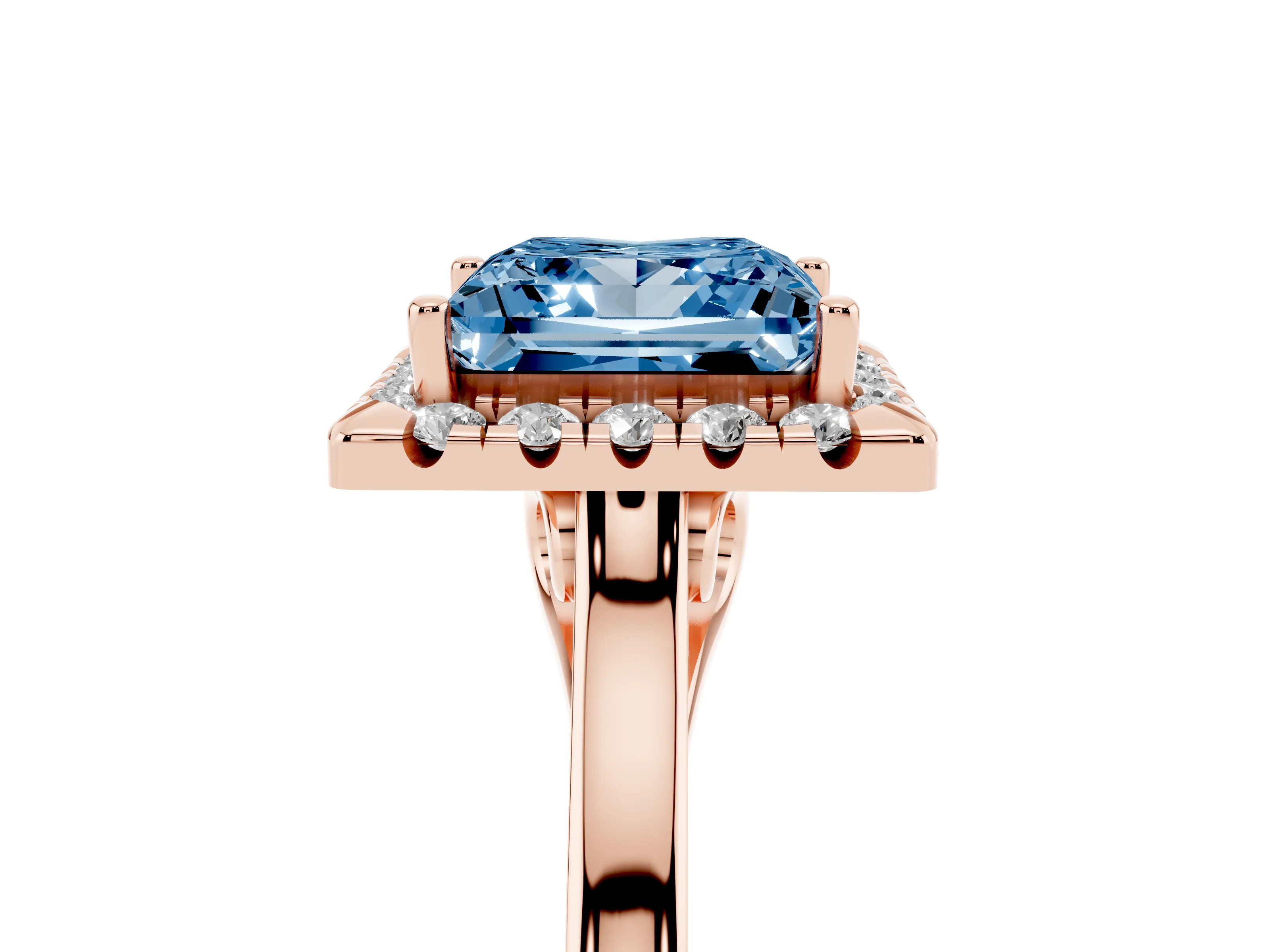 Fancy Blue Princess Cut Halo Round Diamond Solitaire Ring Set in Rose gold with Pavé Band and Prong Setting