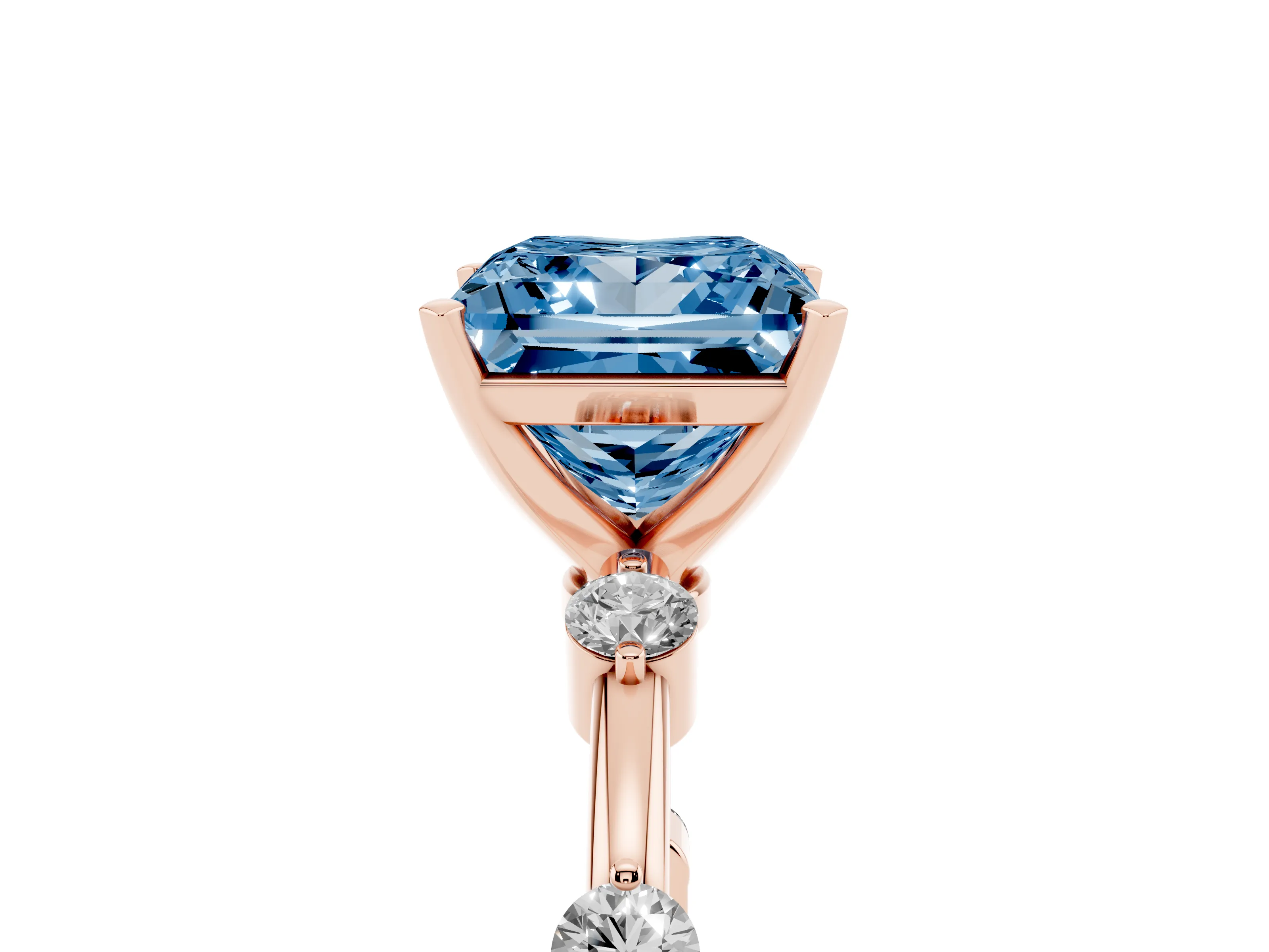 Fancy Blue Princess Cut Diamond Solitaire Ring Set in Rose gold with Bezel Set Side Stones and Prong Setting