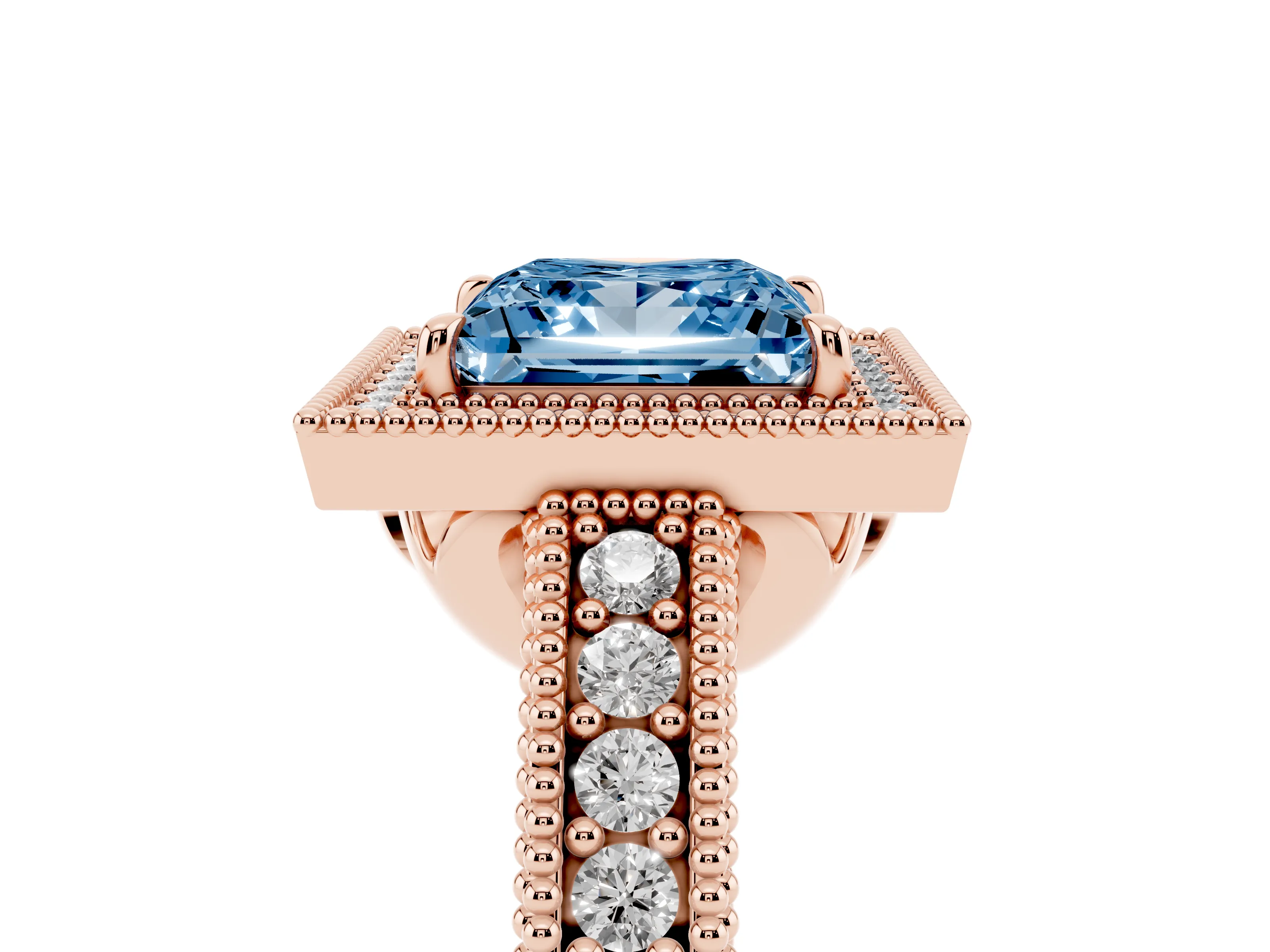 Fancy Blue Princess Cut Diamond Halo Ring Set in Rose gold with Round Accent Halo, Pavé Band and Prong Setting