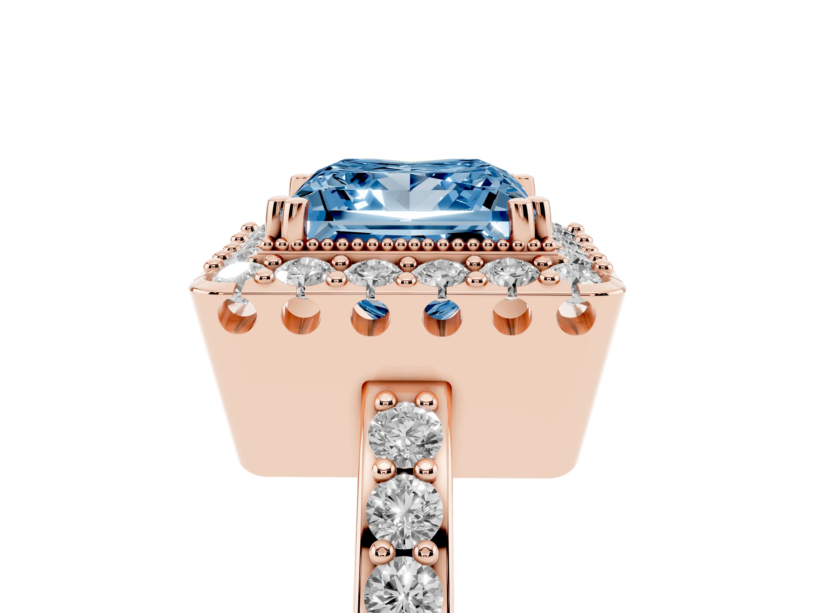 Fancy Blue Princess Cut Diamond Halo Ring Set in Rose gold with Pavé Shank and Prong Setting