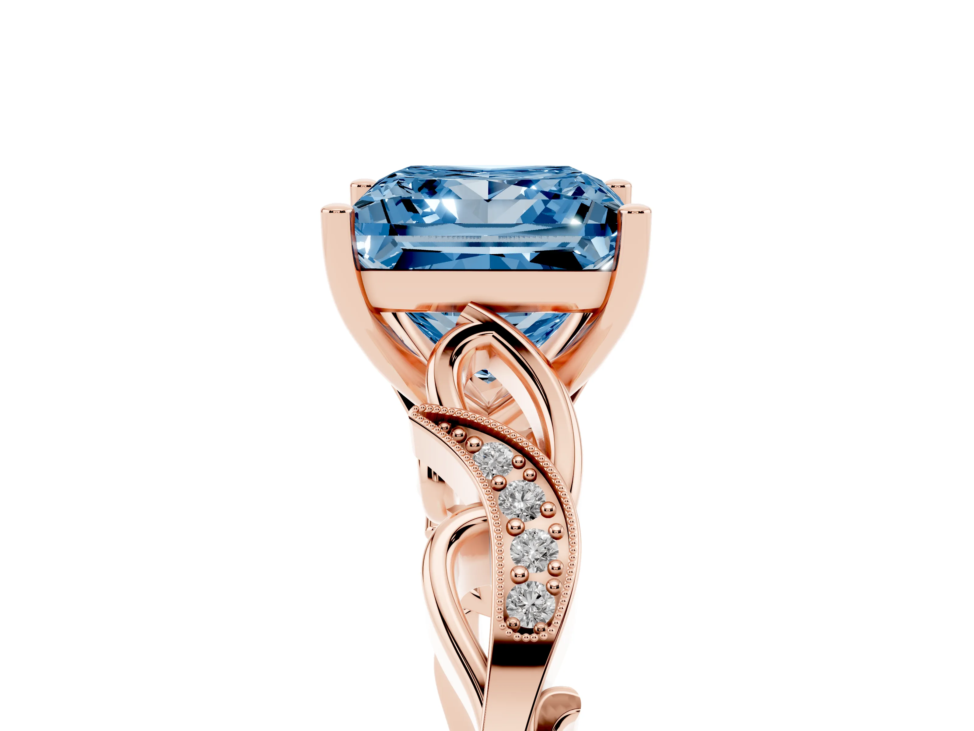 Fancy Blue Princess Cut Diamond Vine Band Solitaire Ring Set in Rose gold with Milgrain Prong Setting