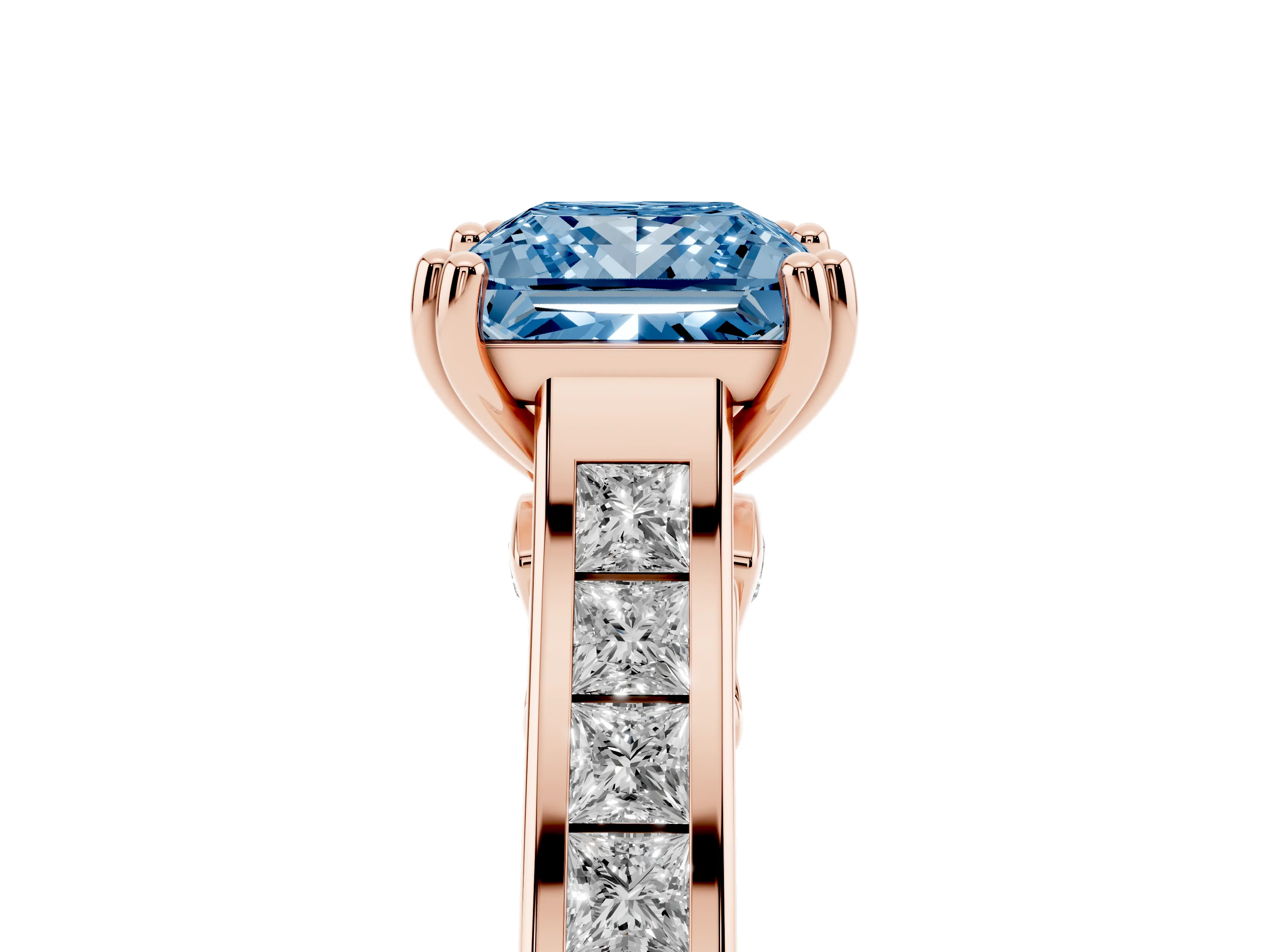 Fancy Blue Princess Cut Diamond Channel Set Solitaire Engagement Ring Set in Rose gold with Prong Setting