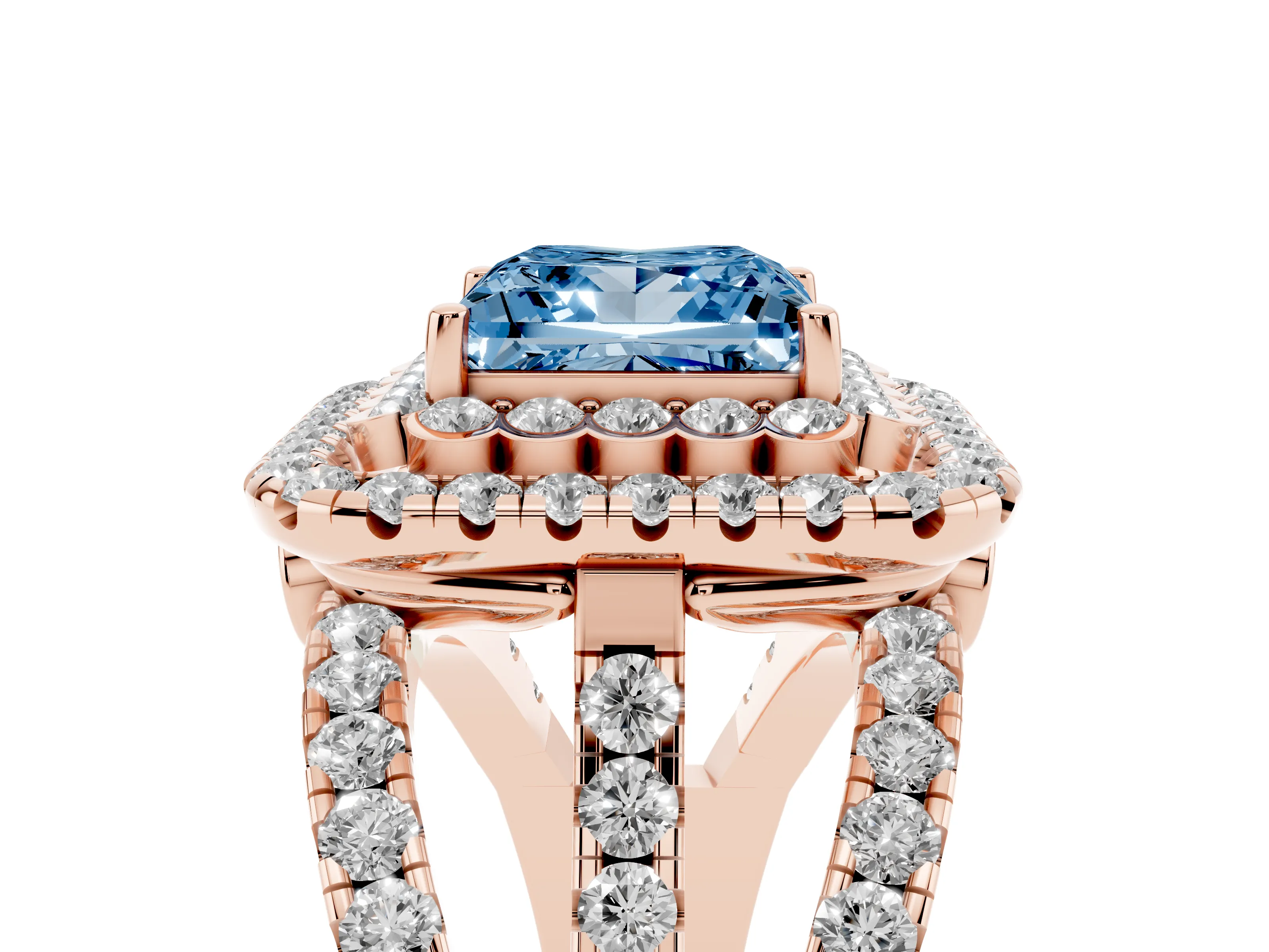 Fancy Blue Princess Cut Diamond Double Halo Ring Set in Rose gold with Round Pavé Split Shank