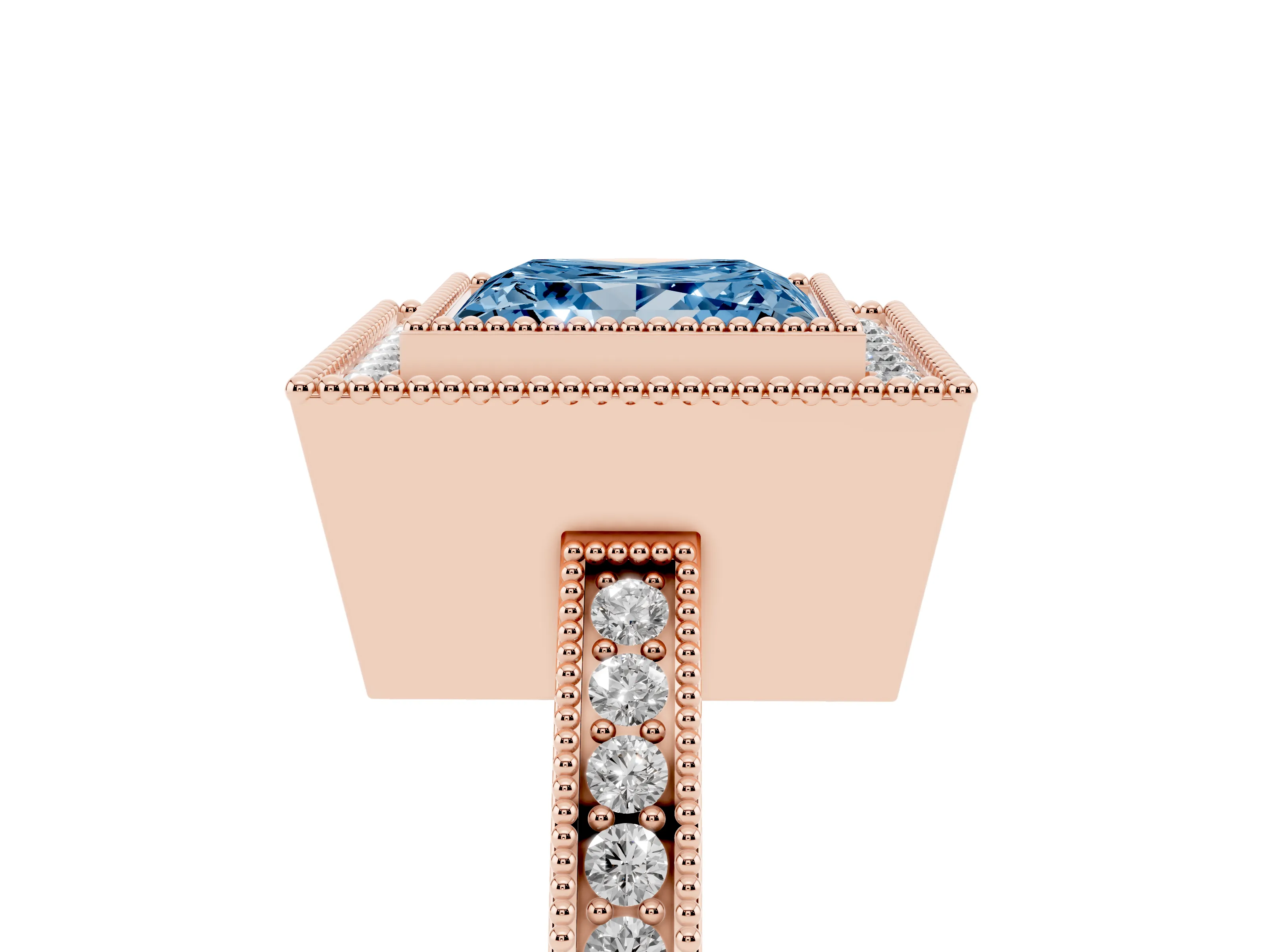Fancy Blue Princess Cut Diamond Halo Ring Set in Rose gold with Pavé Band and Milgrain-Edged Prongs