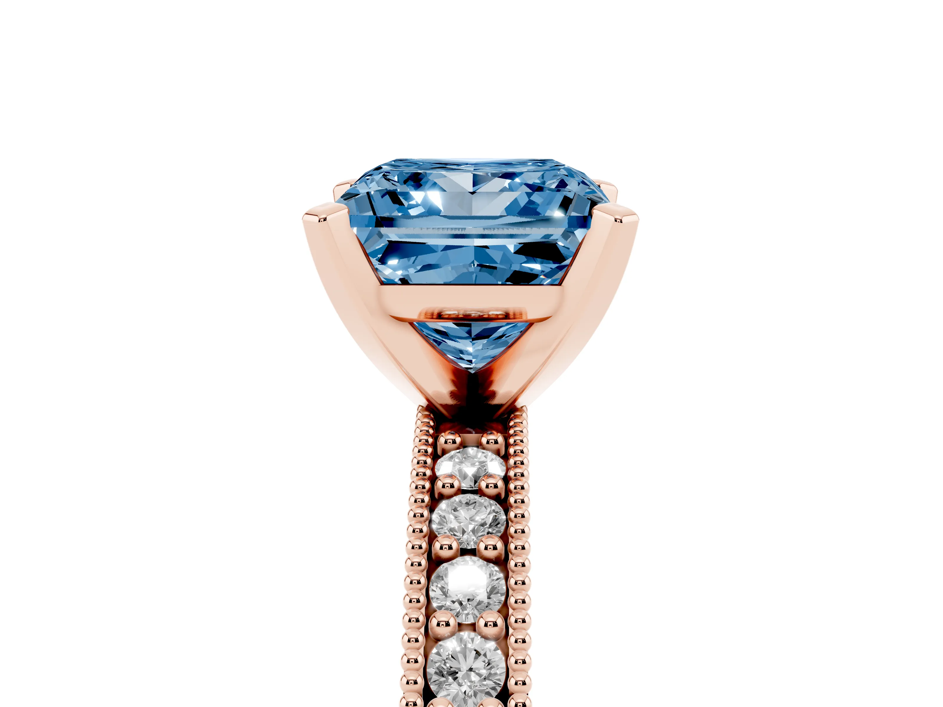 Fancy Blue Princess Cut Diamond Milgrain Pavé Engagement Ring Set in Rose gold with Prong Setting