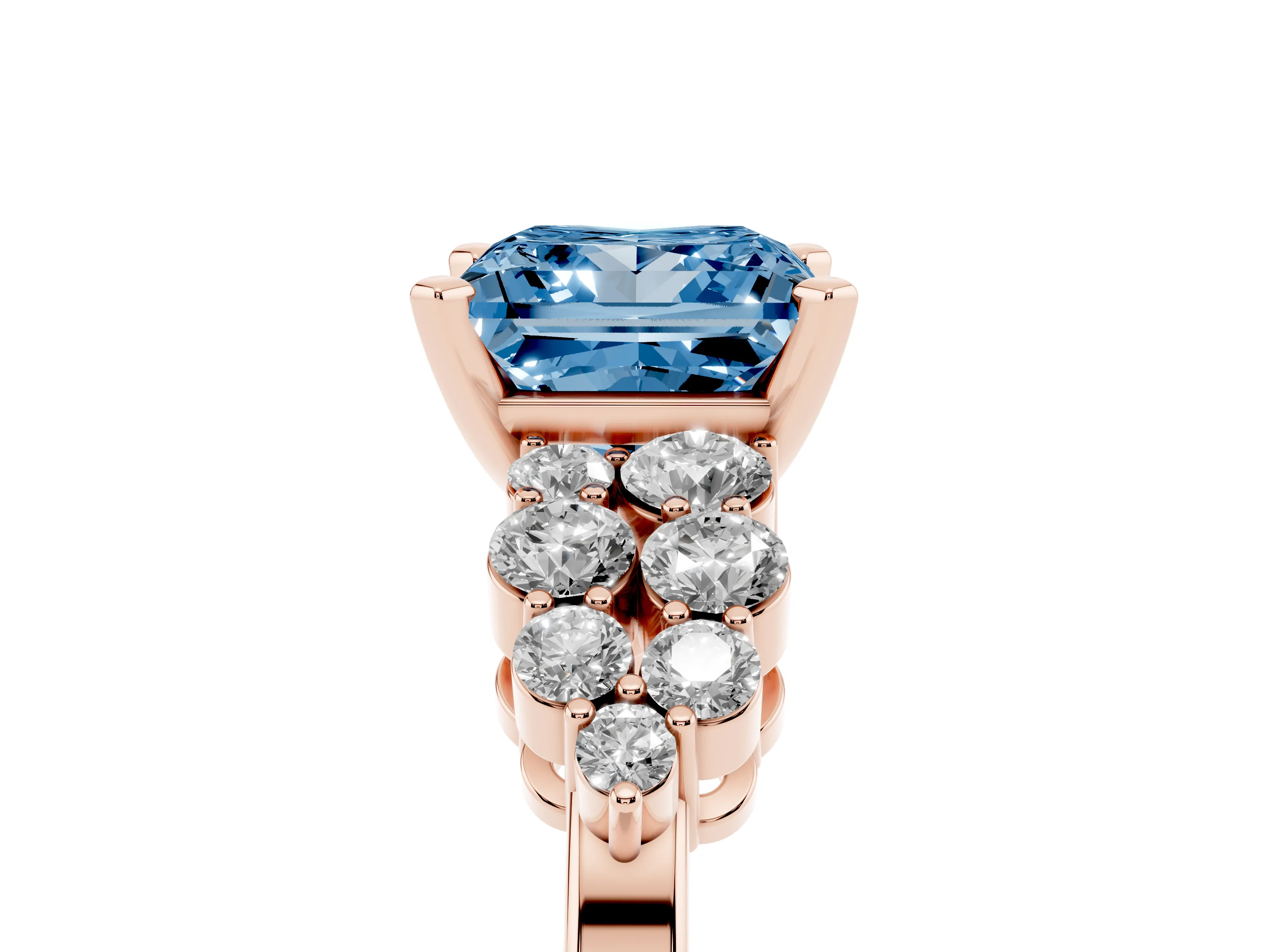 Fancy Blue Princess Cut Diamond Cluster Engagement Ring Set in Rose gold with Pavé Band and Prong Setting