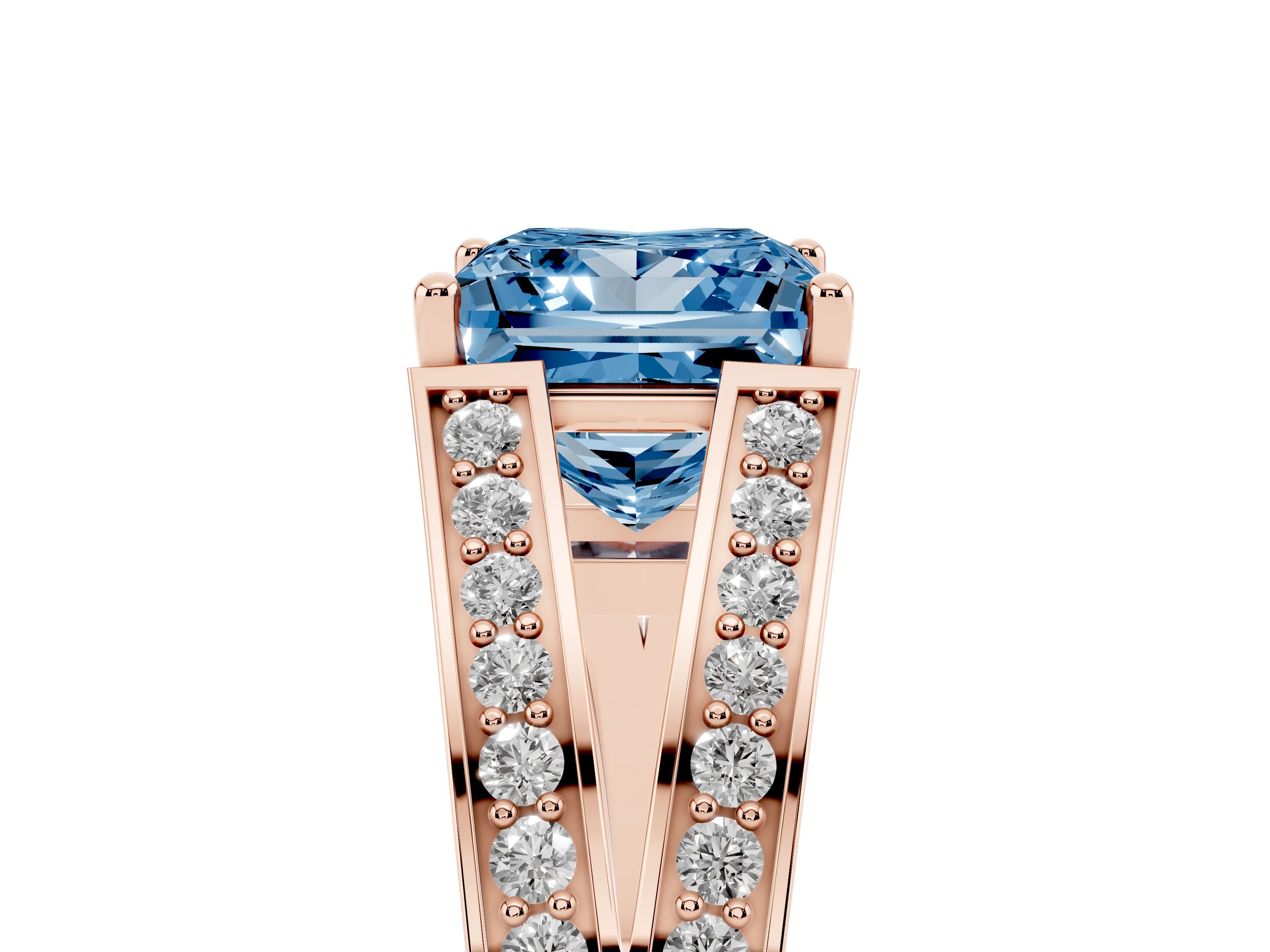 Fancy Blue Princess Cut Diamond Split Shank Ring Set in Rose gold with Pavé Band and Prong Setting