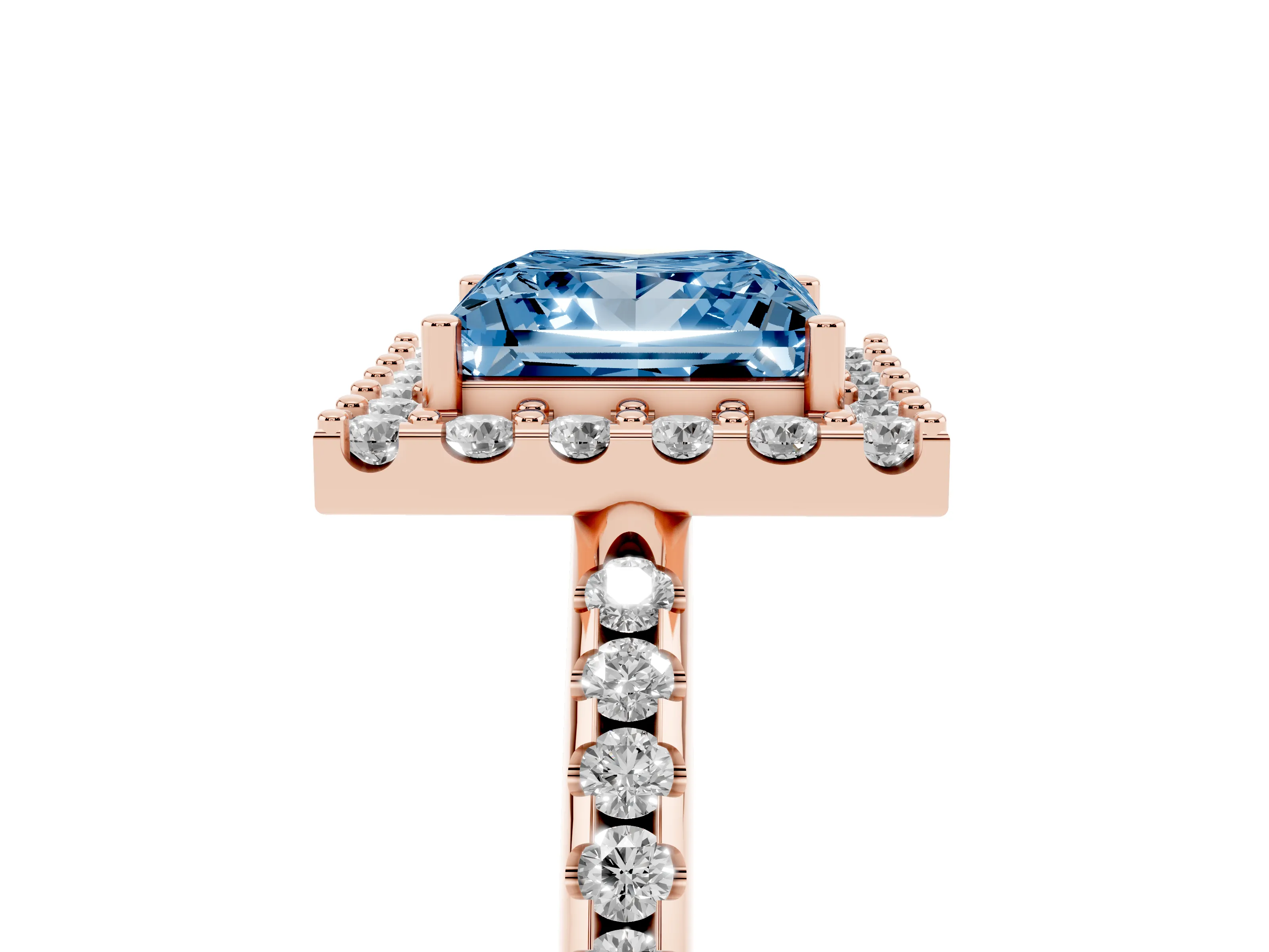 Fancy Blue Princess Cut Diamond Pavé Halo Ring Set in Rose gold with Prong Setting