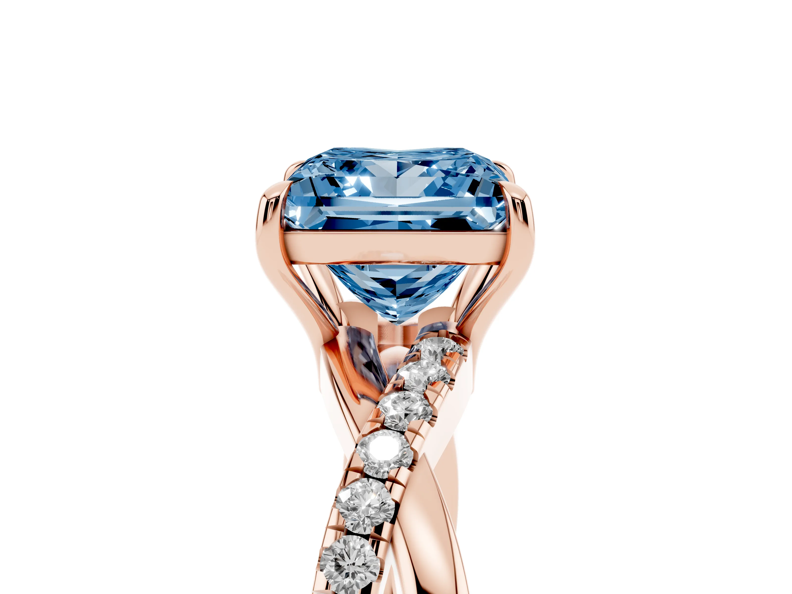 Fancy Blue Princess Cut Diamond Twisted Pavé Band Ring Set in Rose gold with Prong Setting