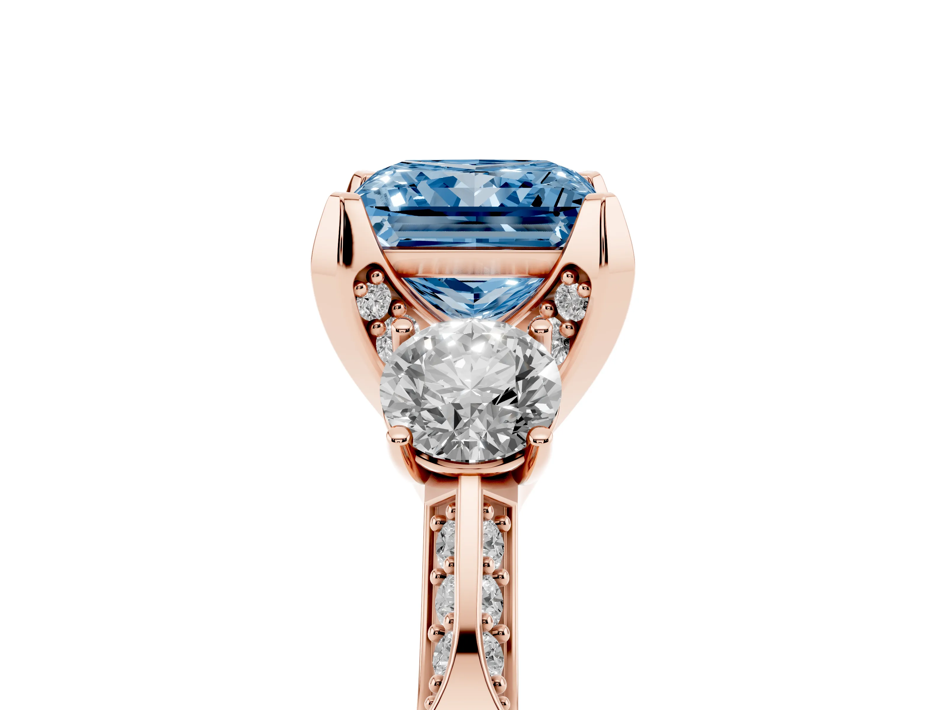 Fancy Blue Princess Cut Diamond Three-Stone Ring Set in Rose gold with Pavé Band and Smaller Side Stones