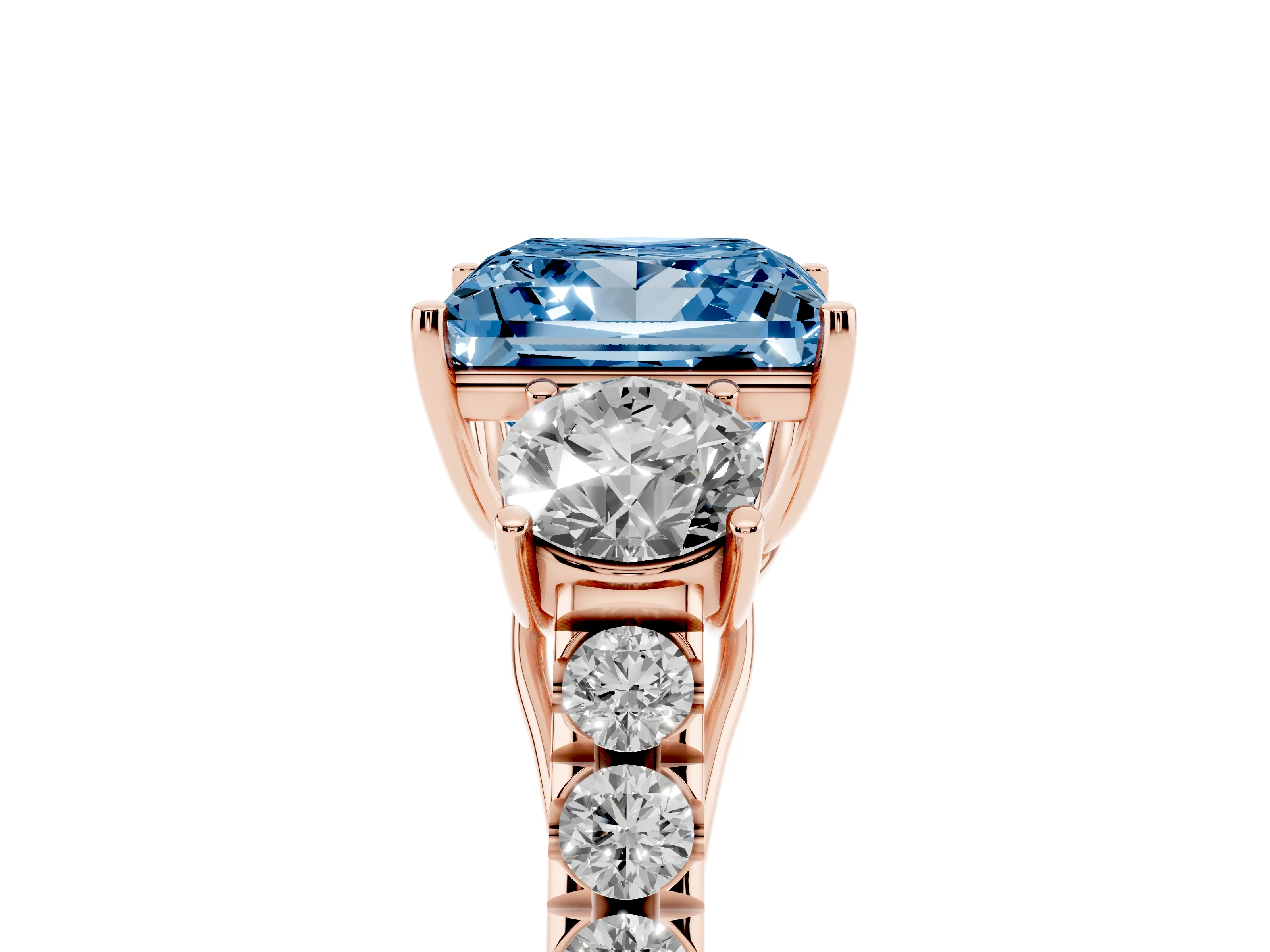 Fancy Blue Princess Cut Diamond Three-Stone Ring Set in Rose gold with Round Side Stones and Delicate Pavé Band