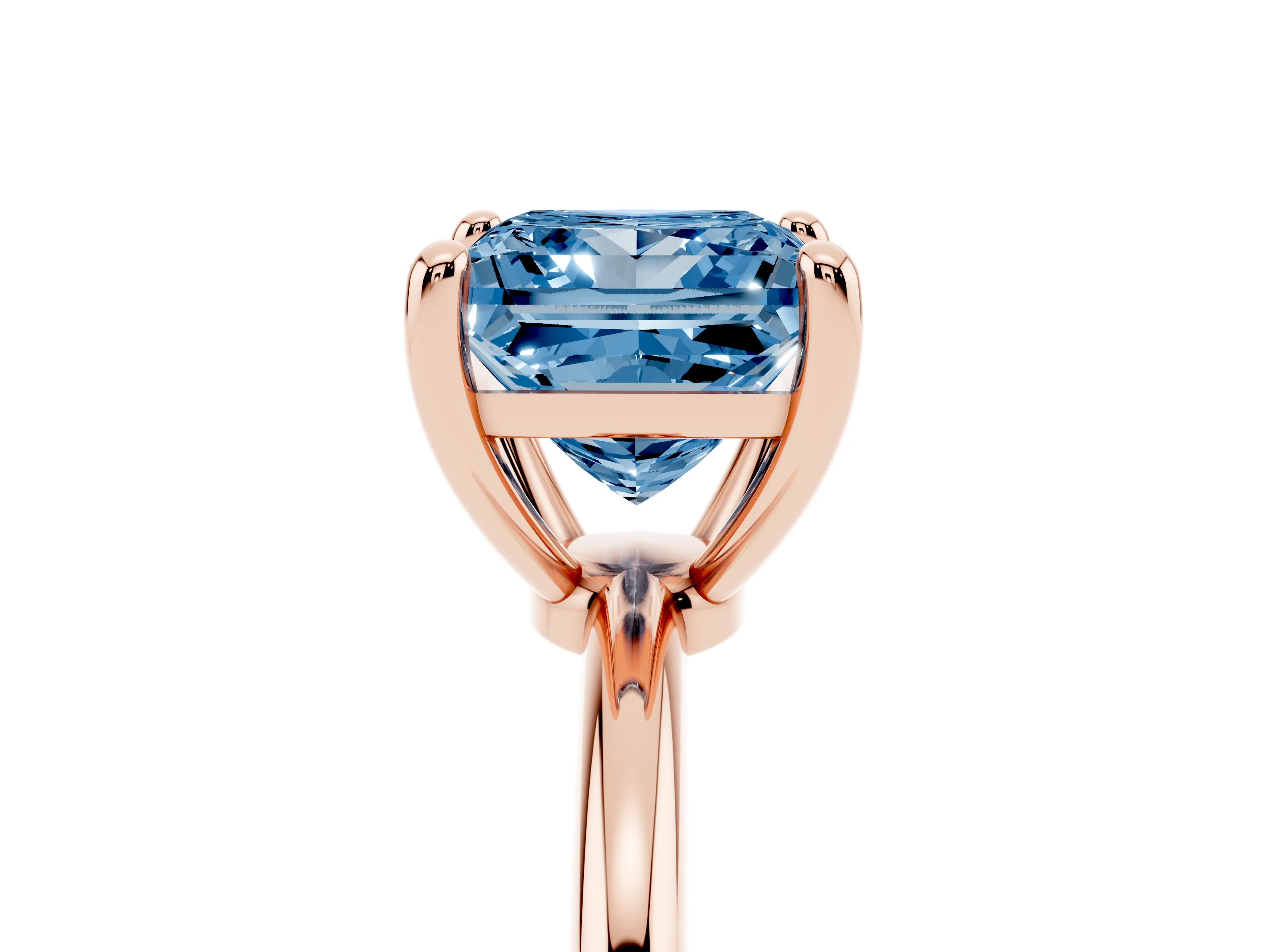 Fancy Blue Princess Cut Diamond Solitaire Ring Set in Rose gold with Secure Prong Setting on a Classic Band